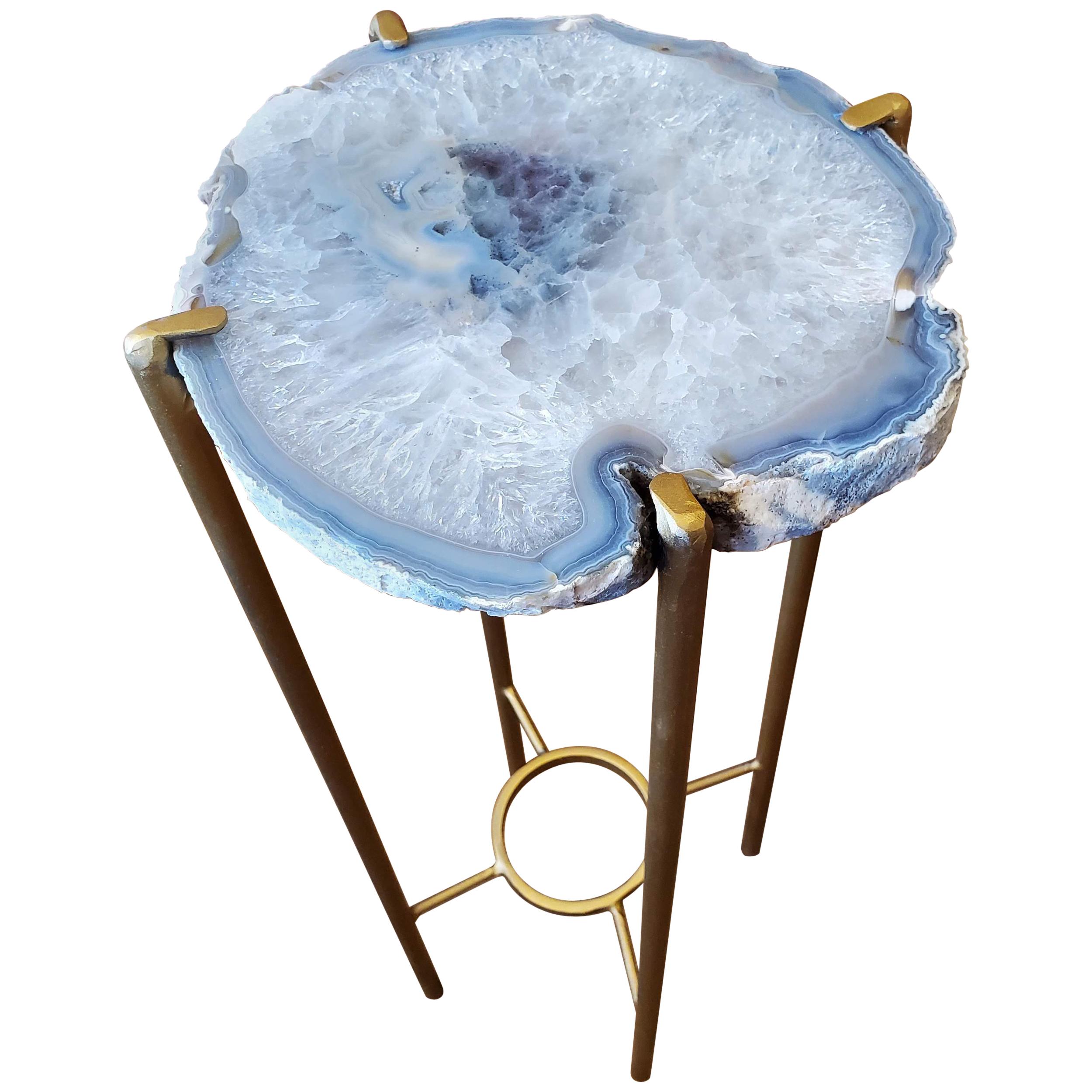 Organic Modern Blue Gray White Geode Drink Table with Gold Gilt Base