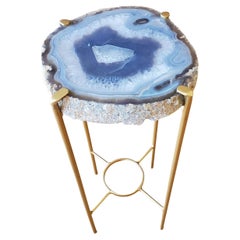 Organic Modern Blue White & Gray Geode Drink Table with Gold Gilt Base