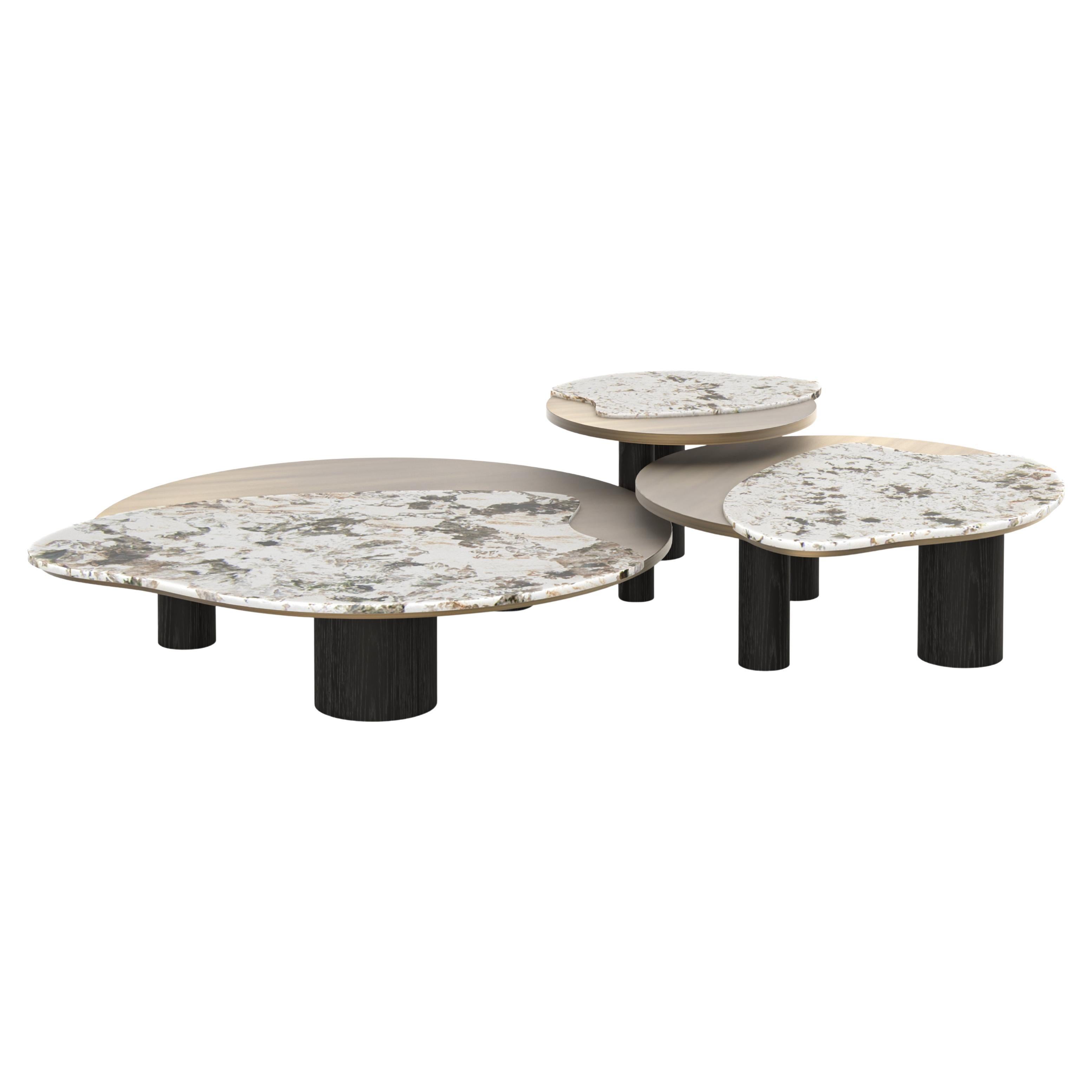 Organic Modern Bordeira Nesting Coffee Tables, Brass, Onyx, Oak, By Greenapple