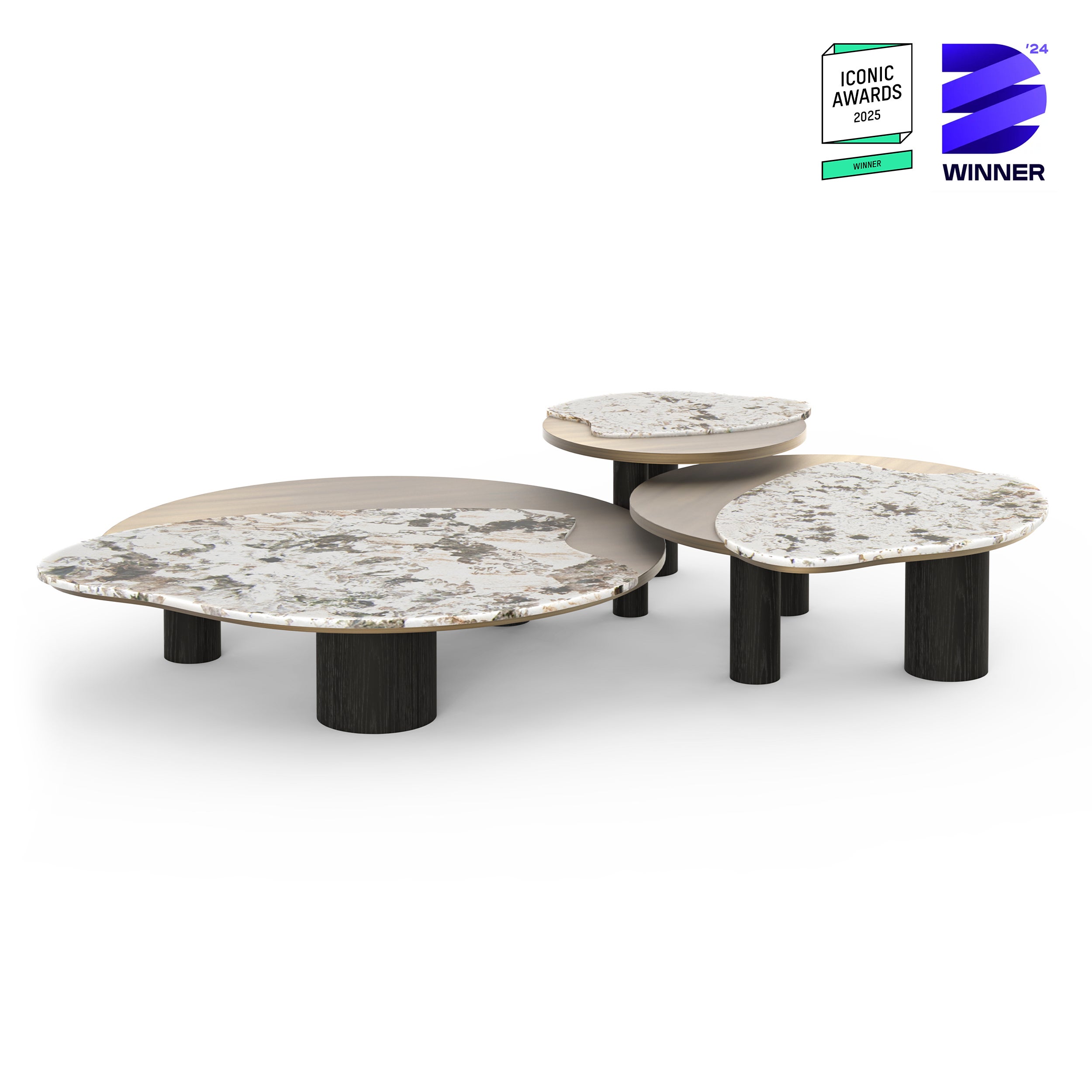 Organic Modern Bordeira Nesting Coffee Tables, Brass, Onyx, Oak, By Greenapple