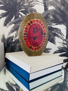 Vintage Bronze Vase with Exotic Pen Shell Inlays in Red & Black, R & Y Augousti