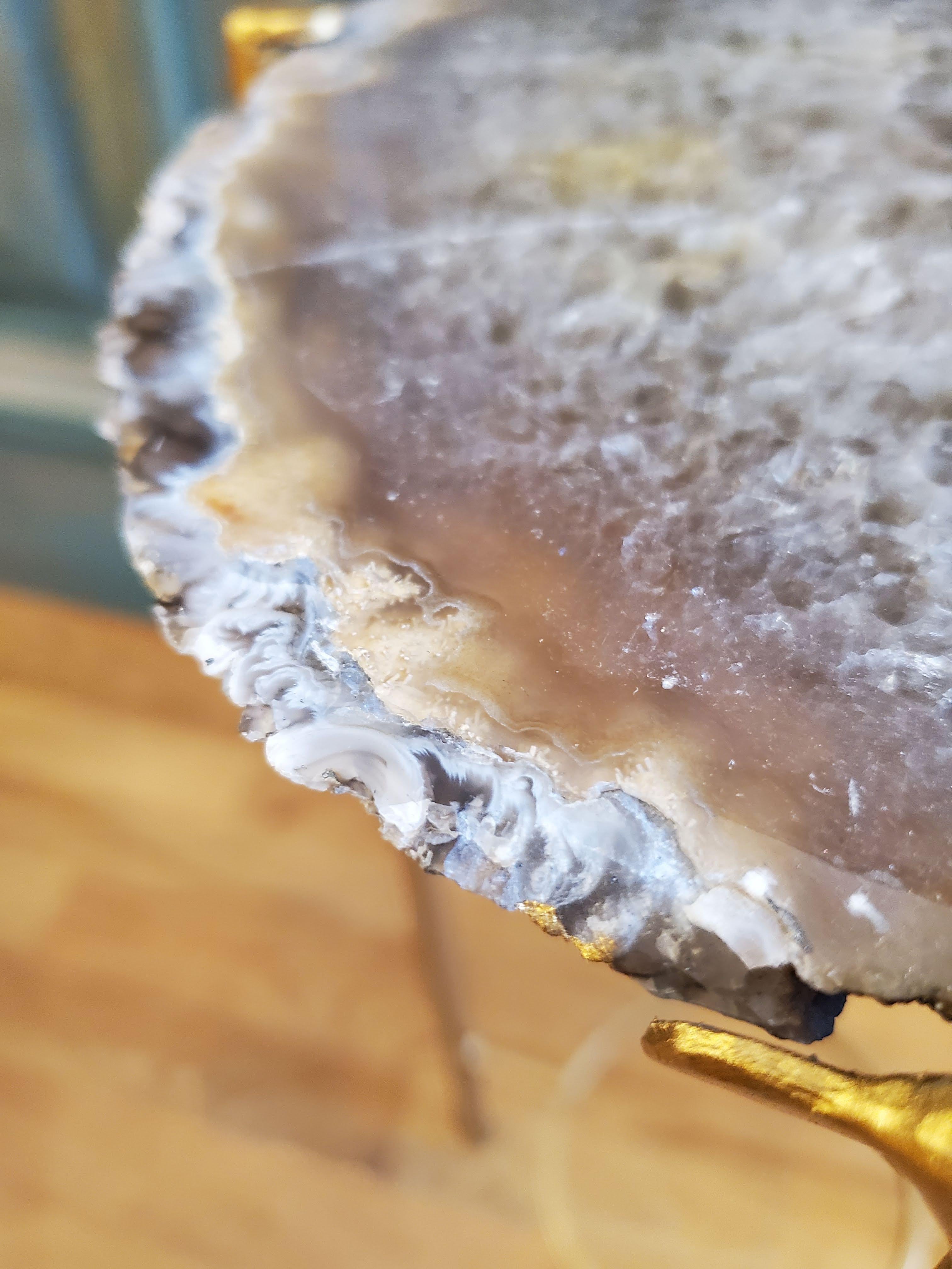Organic Modern Brown and Gray with White Accents Geode Table with Gold Gilt Base 1