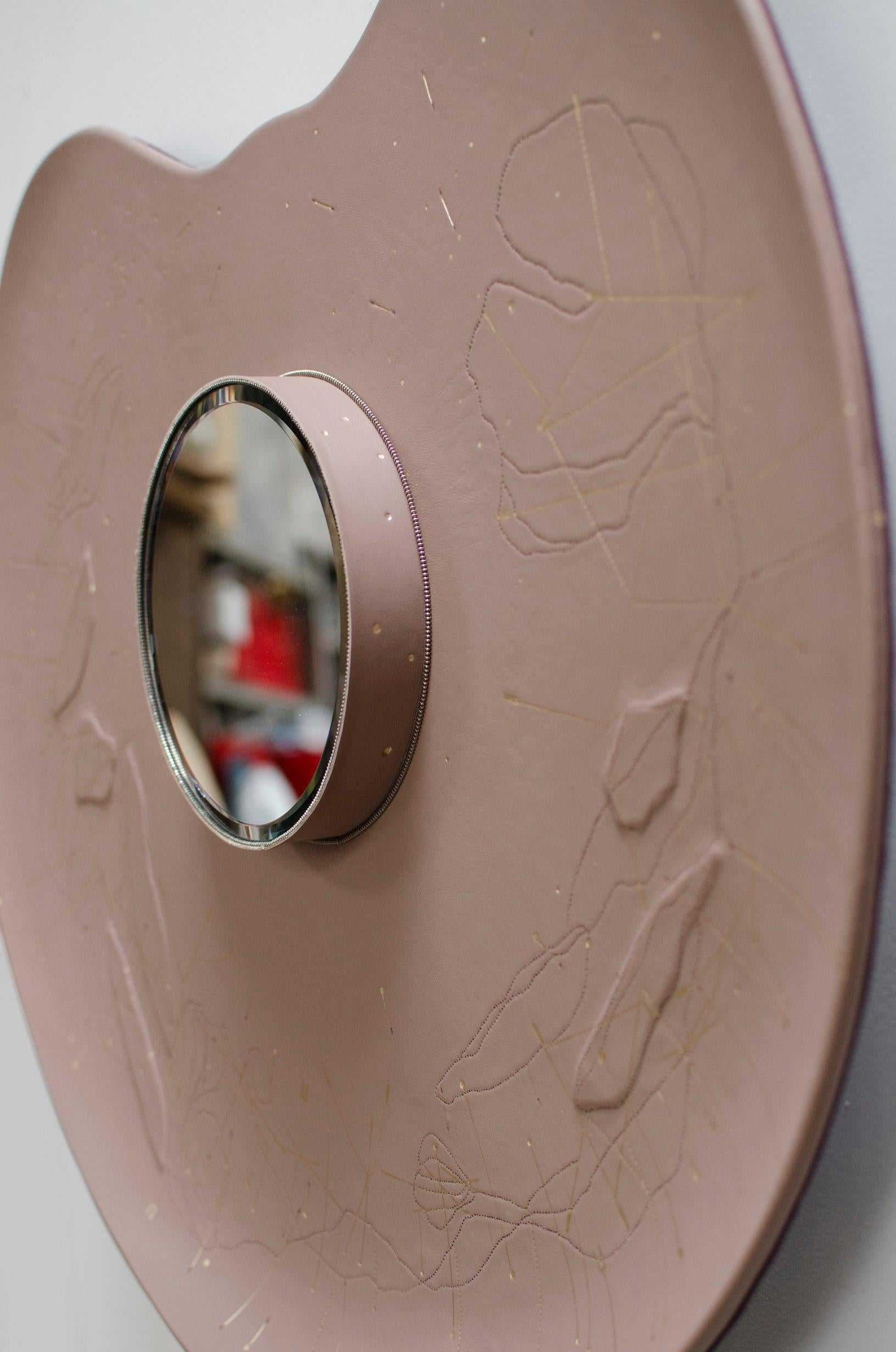 Hand-Carved Organic Modern Brown Pink Leather Mirror, France, 2019