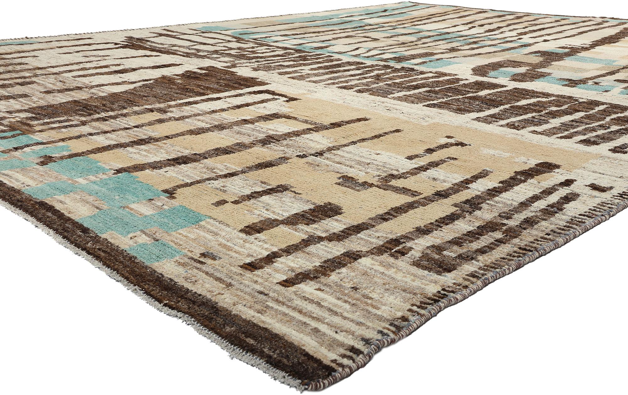 81064 Organic Modern Brutalist Moroccan Rug, 12'02 x 15'05. This hand knotted wool Organic Modern Moroccan rug seamlessly blends the bold essence of Brutalism with the expressive allure of Abstract Linear art, all while embracing the principles of