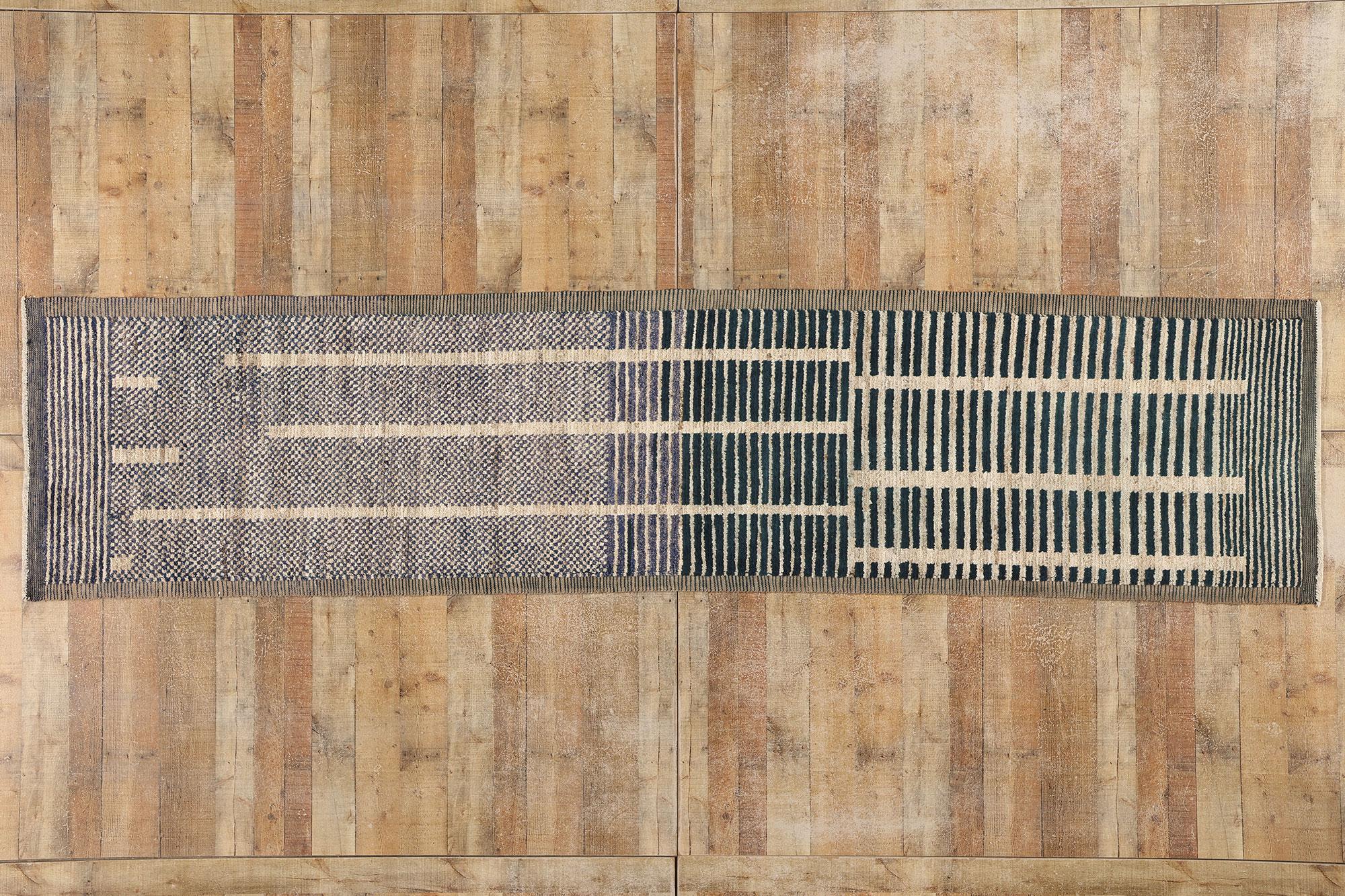 81074 Organic Modern Brutalist Moroccan Rug Runner, 02'11 x 12'02. Step into the esoteric design realm infused with the iconic aesthetics of De Stijl and Brutalism in this hand knotted wool organic modern Moroccan rug runner. This exquisite piece is