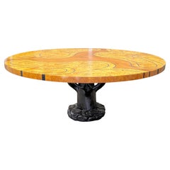 Organic Modern Burl Wood Inlaid Tree Circular Table, Style of Wendell Castle