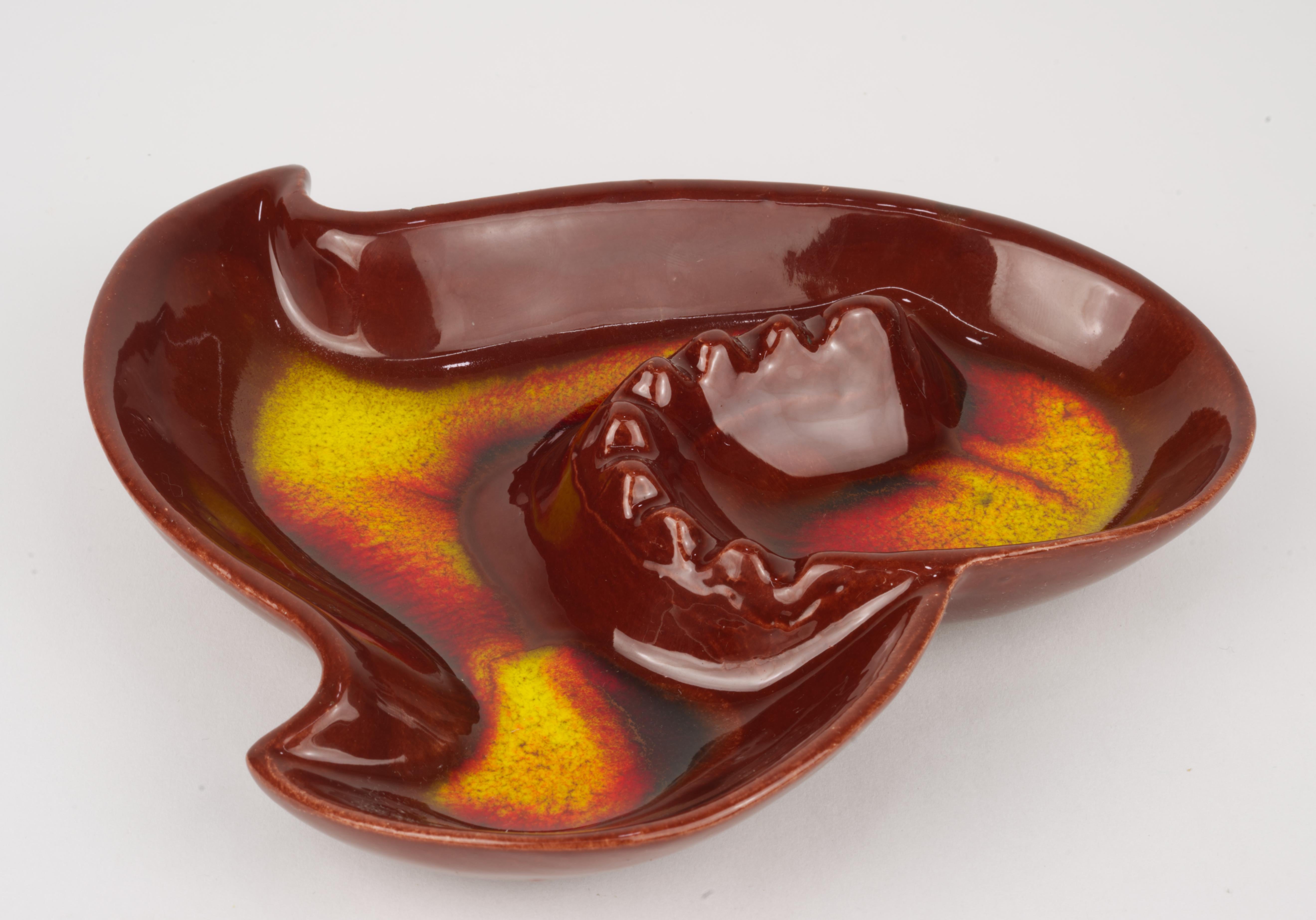 Glazed Organic Modern California Art Pottery Ashtray in Red, Orange, and Yellow For Sale
