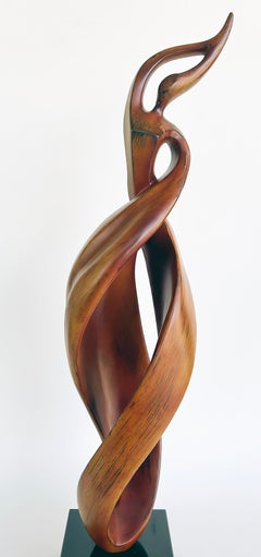 Scultura moderna organica in legno intagliato "Spirale" astratta su base cubica acrilica