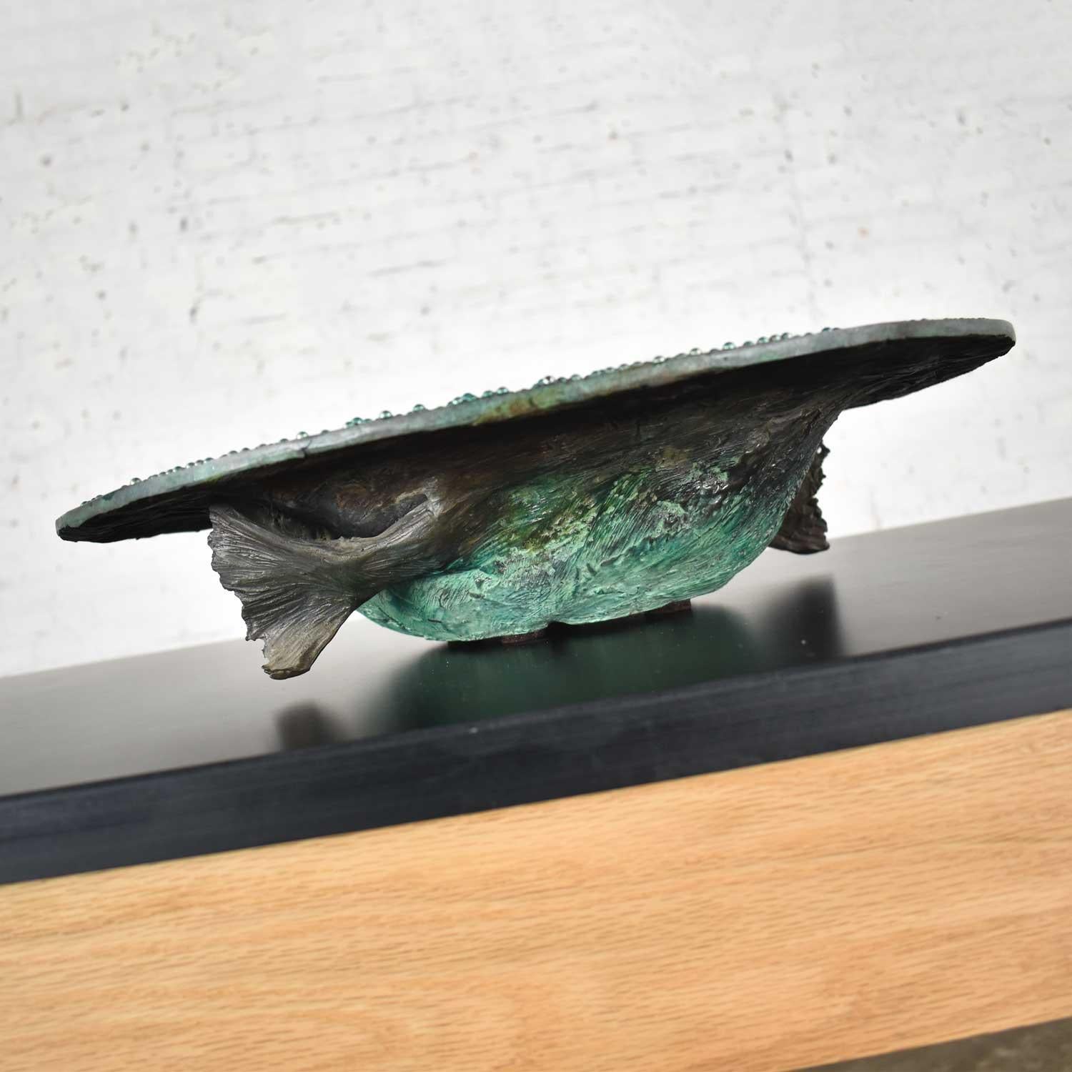 20th Century Organic Modern Cast Bronze Bowl Sculpture with Fish Design by John Forsythe For Sale