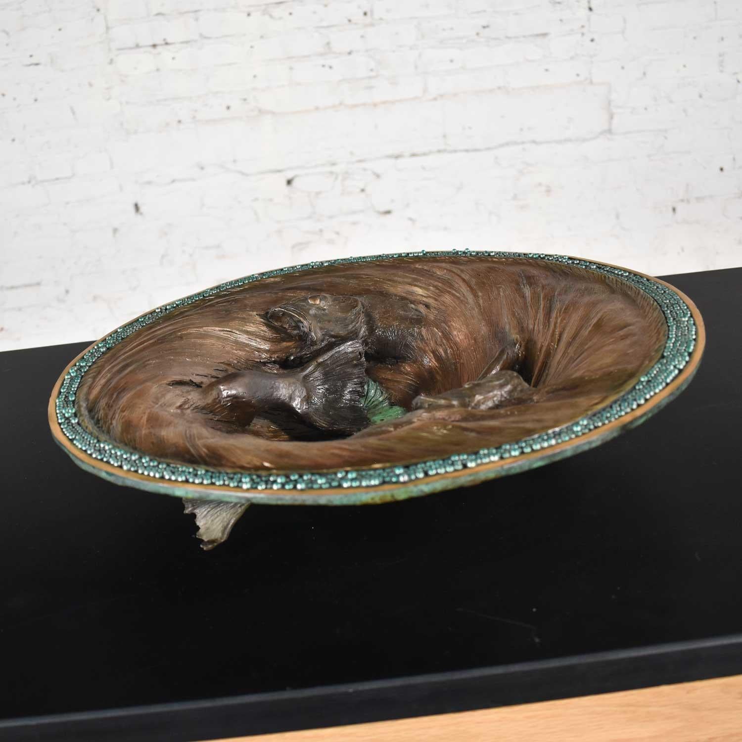 Organic Modern Cast Bronze Bowl Sculpture with Fish Design by John Forsythe For Sale 1