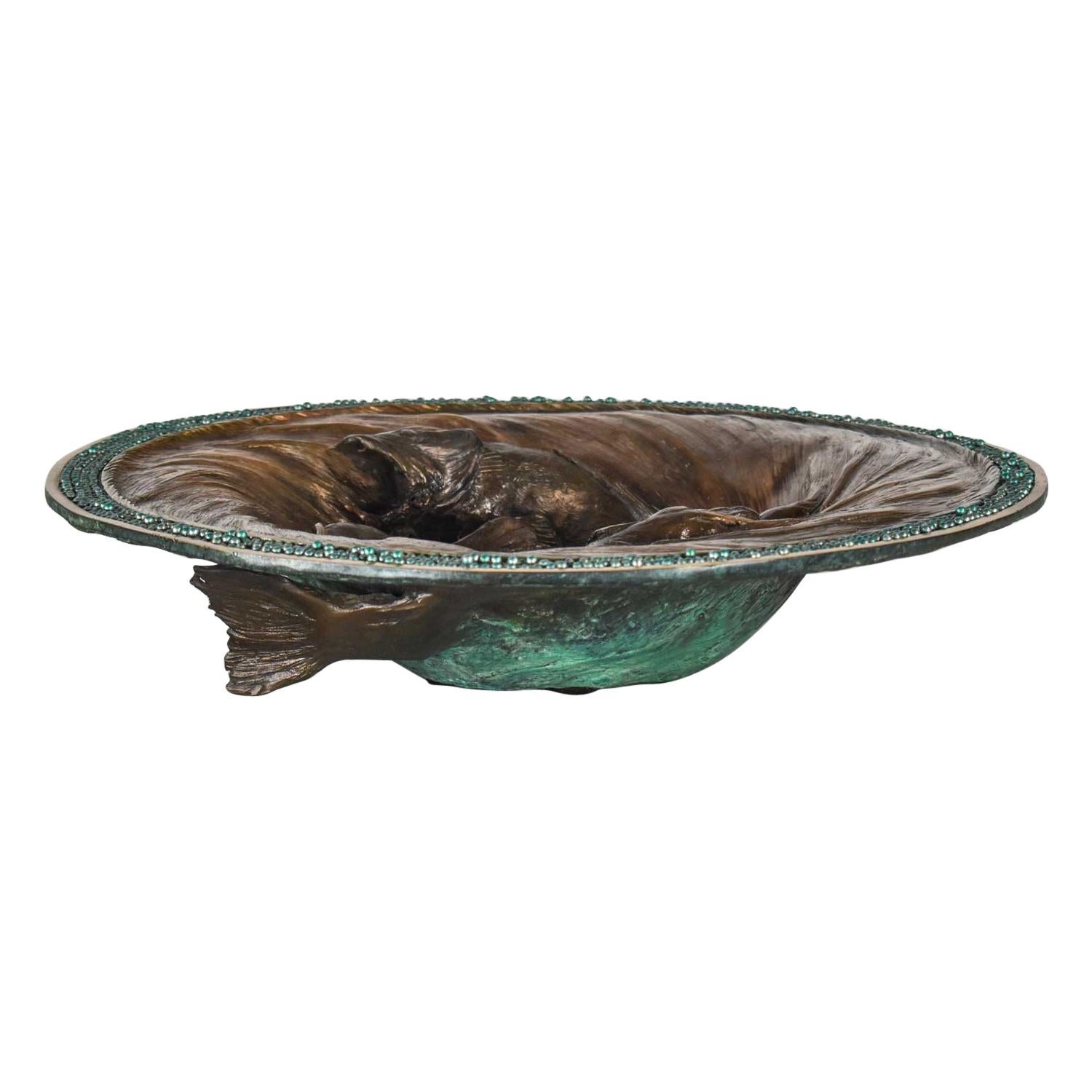 Organic Modern Cast Bronze Bowl Sculpture with Fish Design by John Forsythe