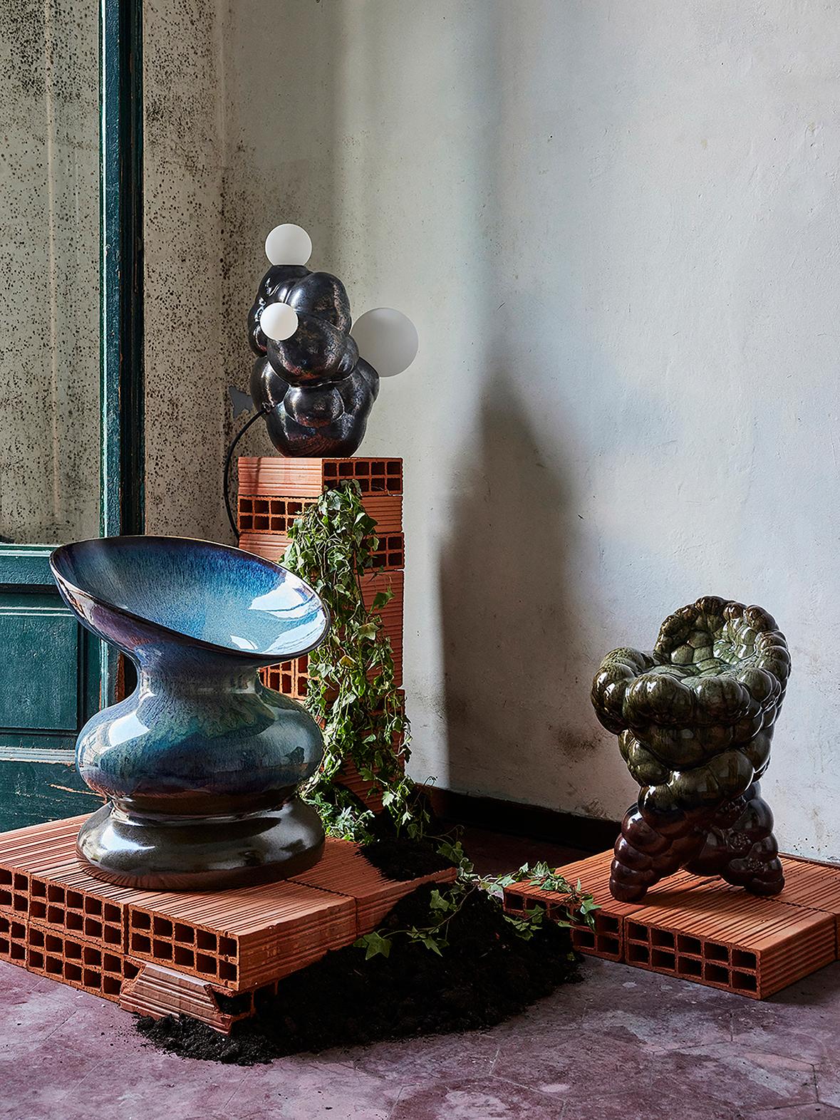 Silla Taburete Caracoles de Cerámica Moderna Ecológica en Verde Glaseado en venta