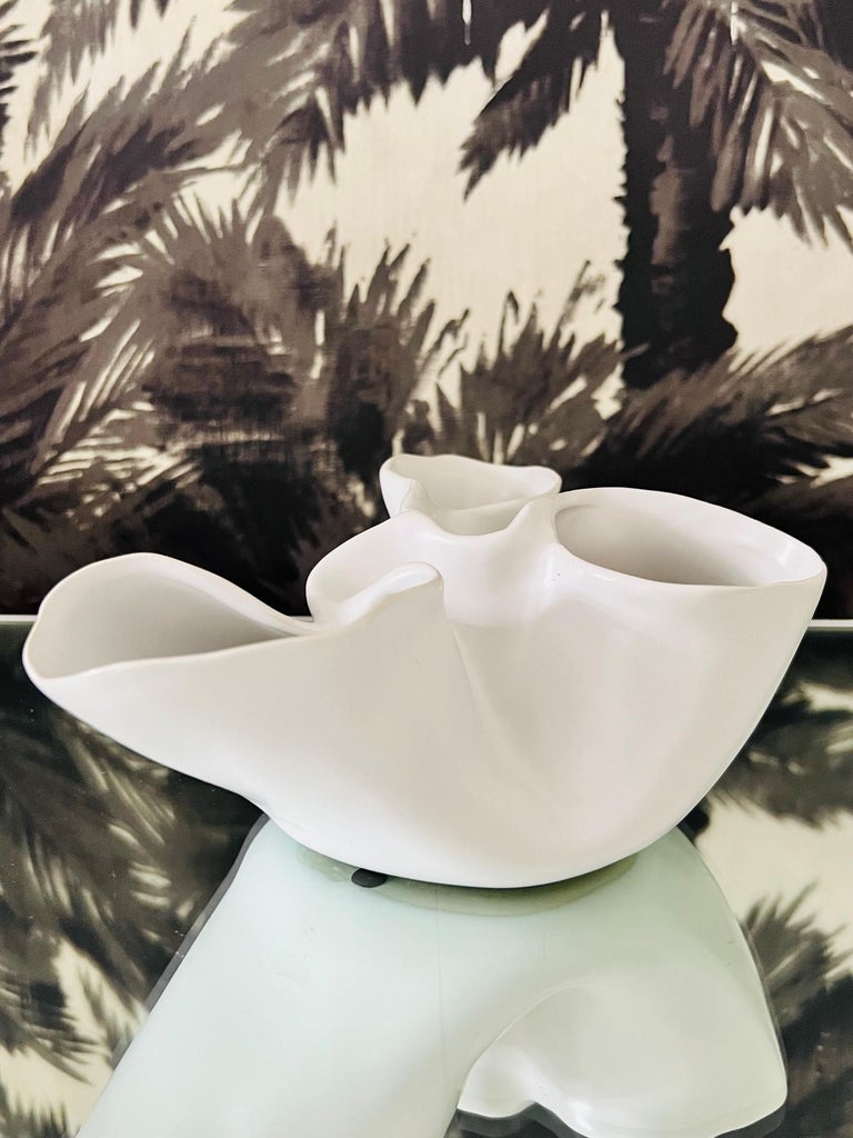American Organic Modern Ceramic Heart Valve Vase in Matte White Glaze For Sale