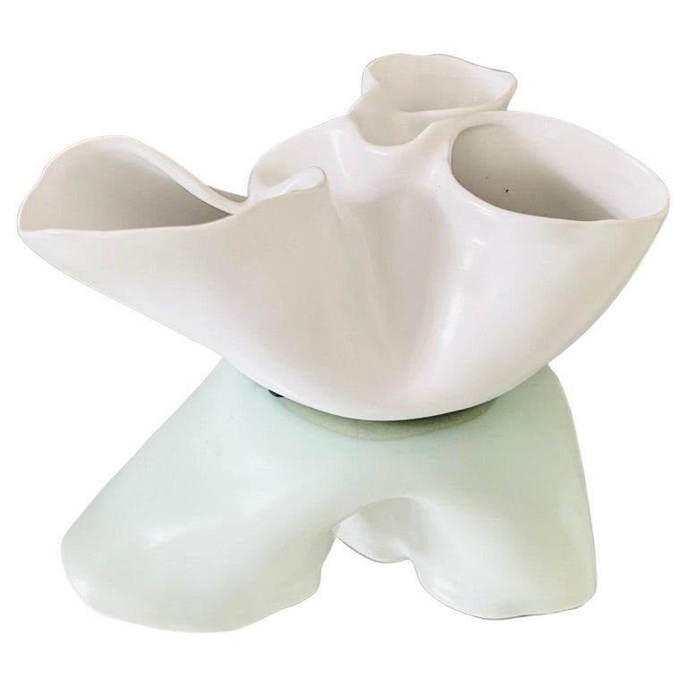 Organic Modern Ceramic Heart Valve Vase in Matte White Glaze For Sale