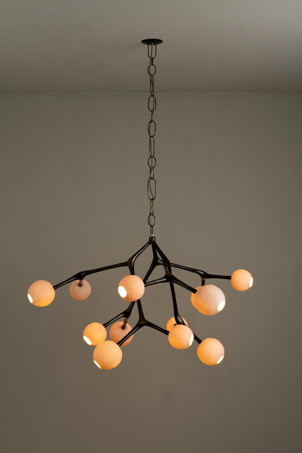 Mexican Organic Modern Chandelier Lost-Wax Bronze Vintage Finish Porcelain Globes For Sale