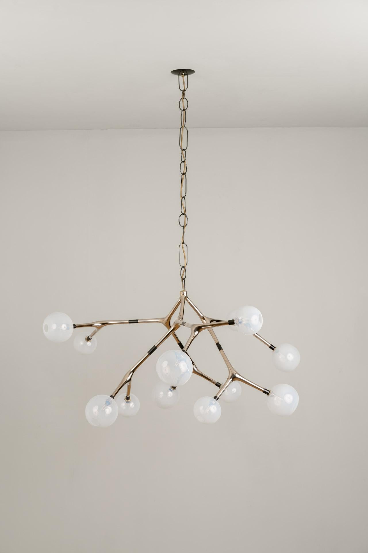 MARATUS chandelier was designed for the Mol collection by Mexican artist Isabel Moncada.

Maratus gets its name from a spider that displays an extravagant peacock-like tail to hypnotize prey with its mesmerizing pattern. In a subtly disorganized