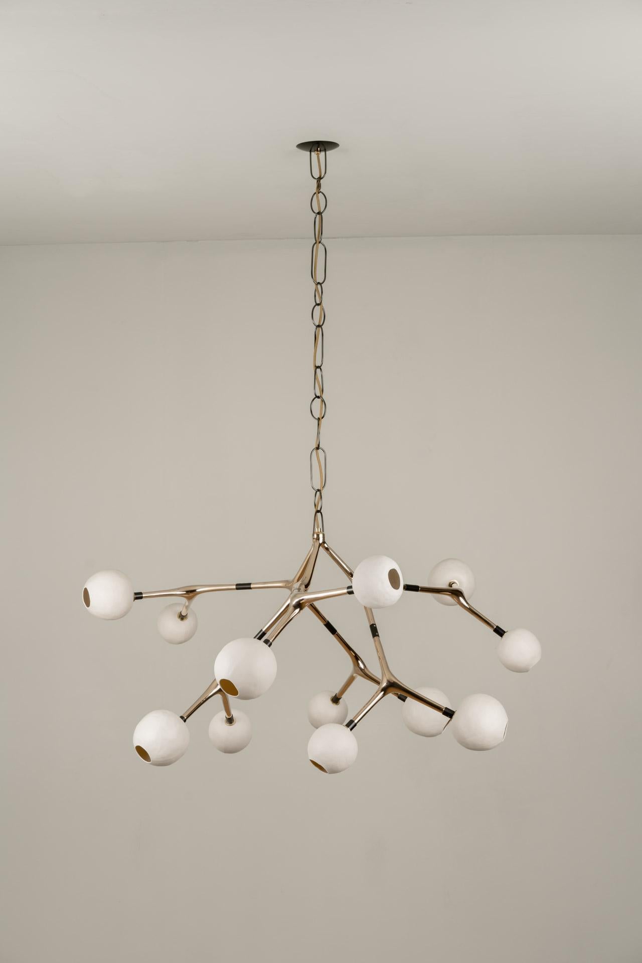 Mexican Organic Modern Chandelier Polished Lost-Wax Brass Porcelain Globes For Sale