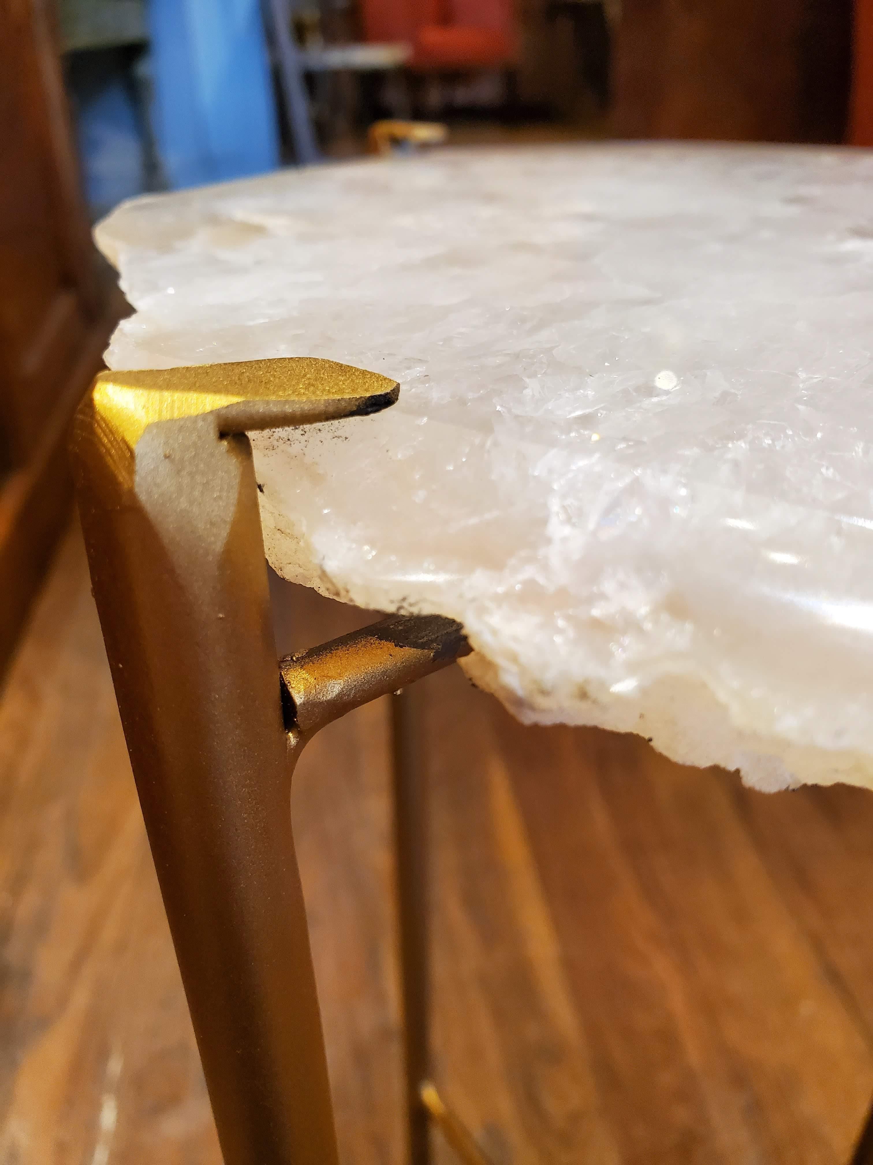 Organic Modern Clear and White Quartzite Geode Drink Table with Gold Gilt Base In New Condition In Middleburg, VA