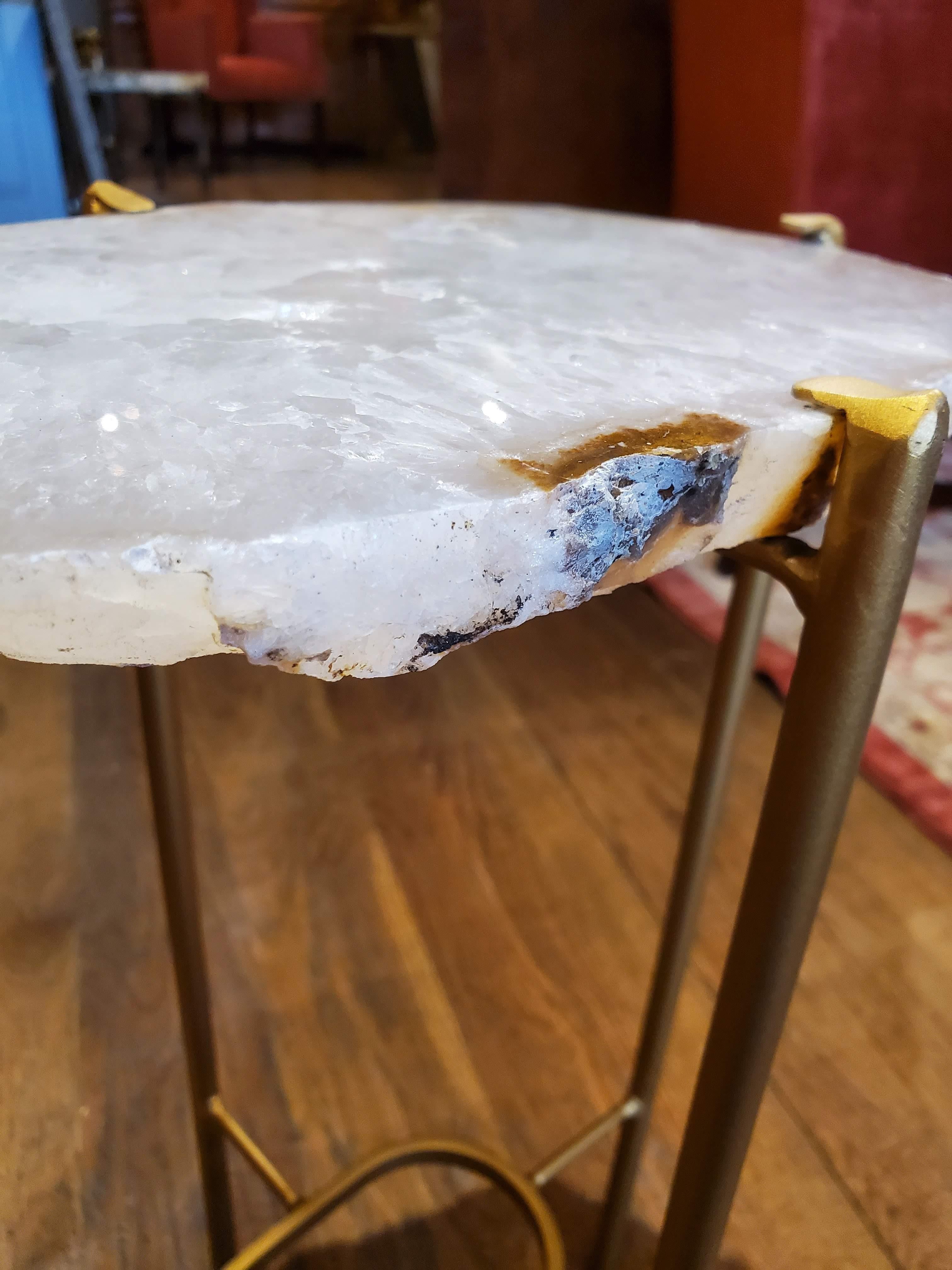 Contemporary Organic Modern Clear and White Quartzite Geode Drink Table with Gold Gilt Base
