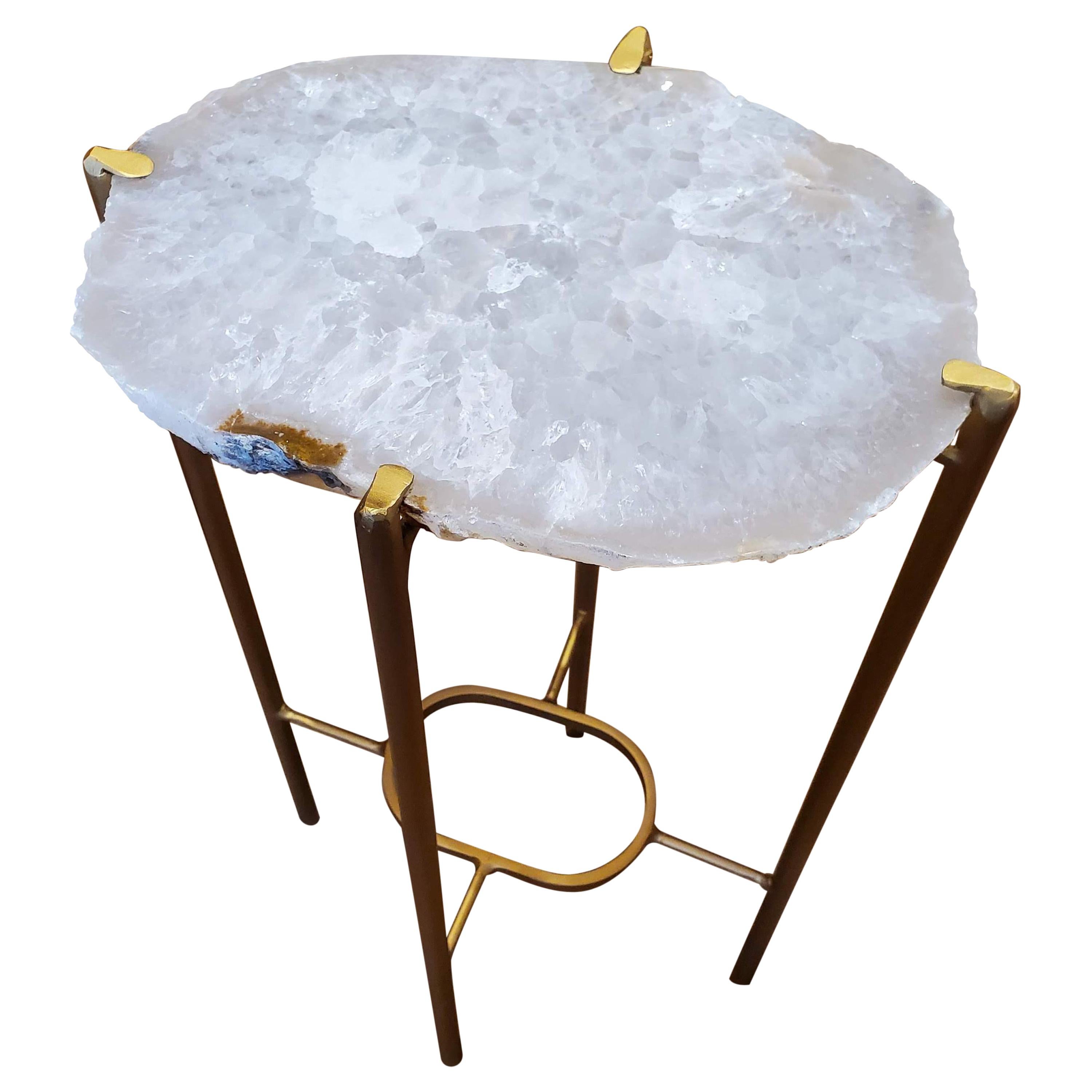 Organic Modern Clear and White Quartzite Geode Drink Table with Gold Gilt Base