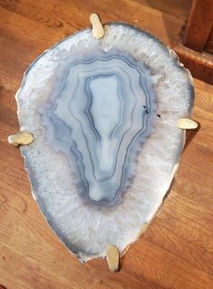 Organic Modern Clear Blue Gray Quartzite Geode Drink Table with Gold Gilt Base