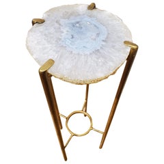 Organic Modern Clear Blue Gray Quartzite Geode Drink Table with Gold Gilt Base