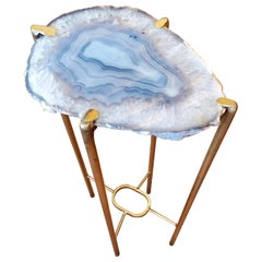 Organic Modern Clear Blue Gray Quartzite Geode Drink Table with Gold Gilt Base