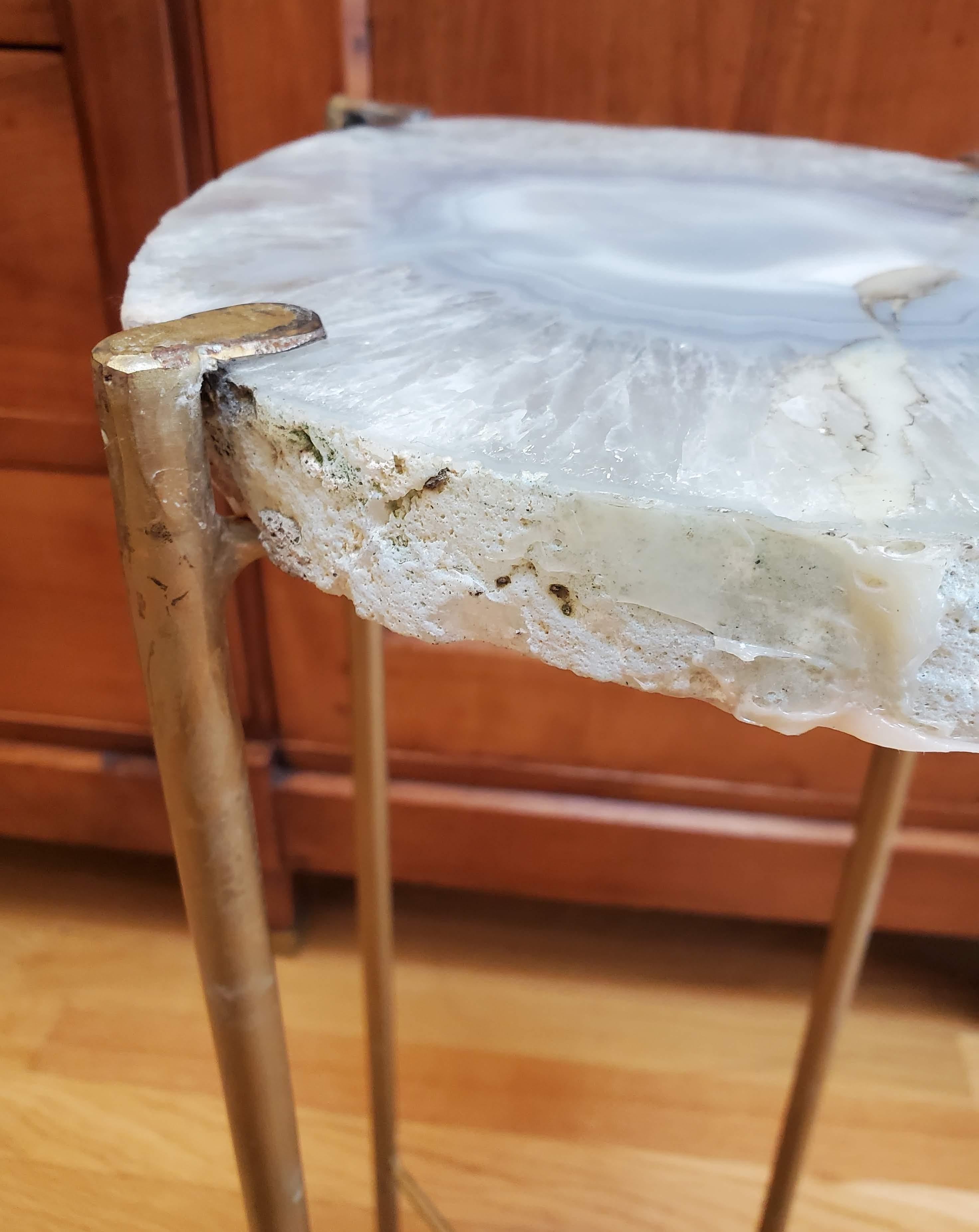 Gilt Organic Modern Clear Crystal Blue Gray Agate Geode Side Table