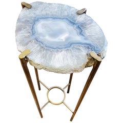 Organic Modern Clear Crystal Blue Gray Agate Geode Side Table