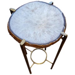Organic Modern Clear Crystal and Dark Gray Geode Drink Table with Gold Gilt Base