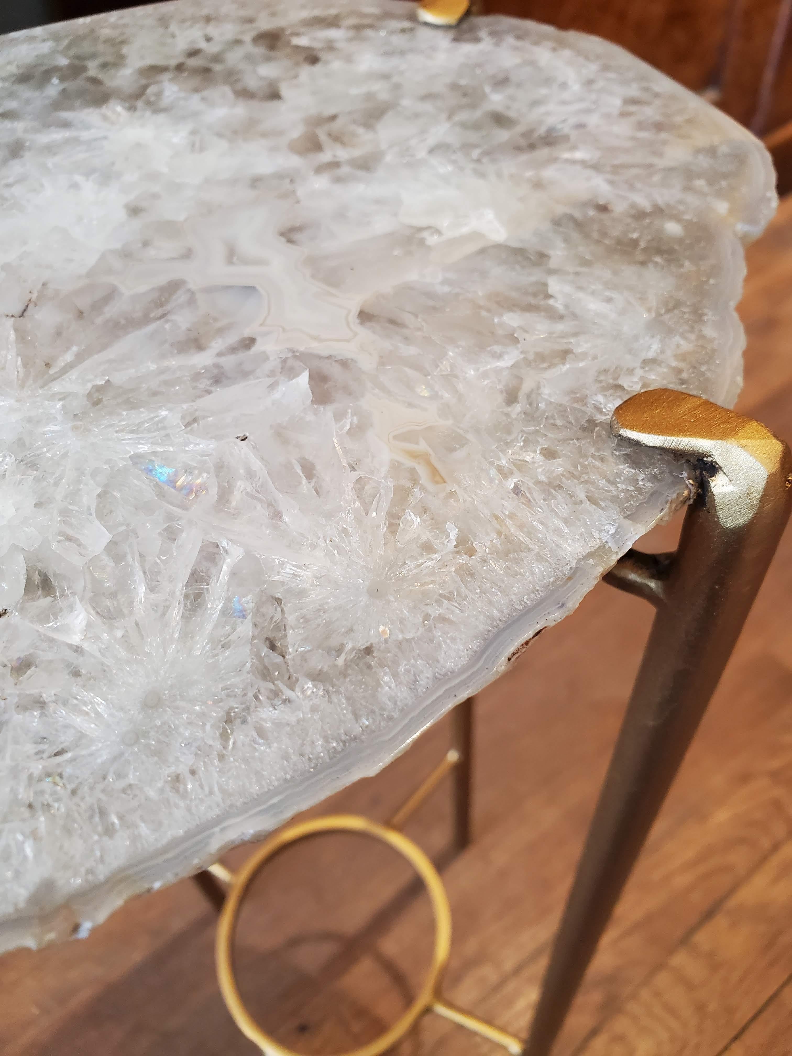 Contemporary Organic Modern Clear Crystal Geode Drink Table with Gold Gilt Base