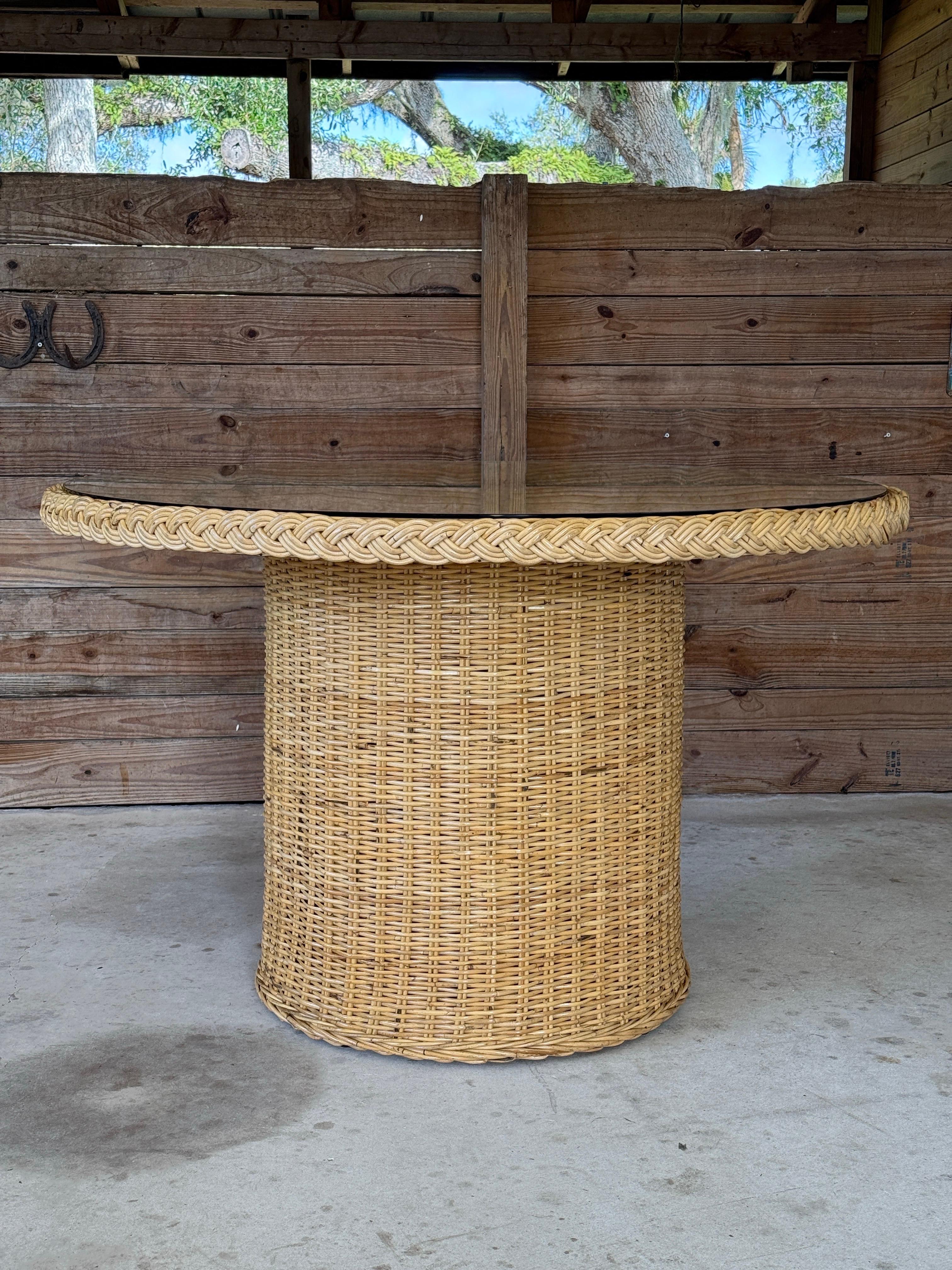 Organic Modern Coastal Rattan Braid Dining Table by Wicker Works For Sale 6