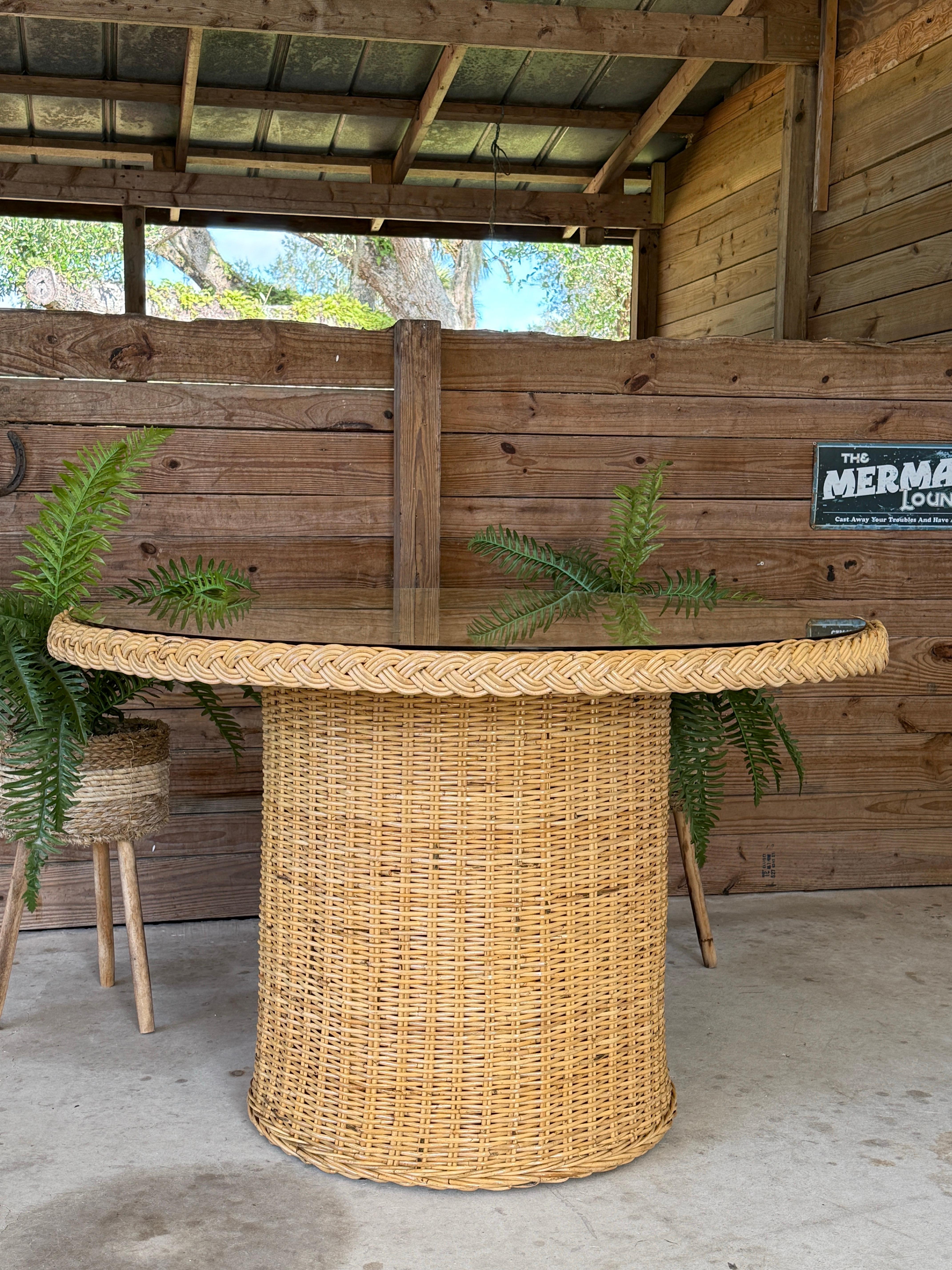 Organic Modern Coastal Rattan Braid Dining Table by Wicker Works For Sale 7