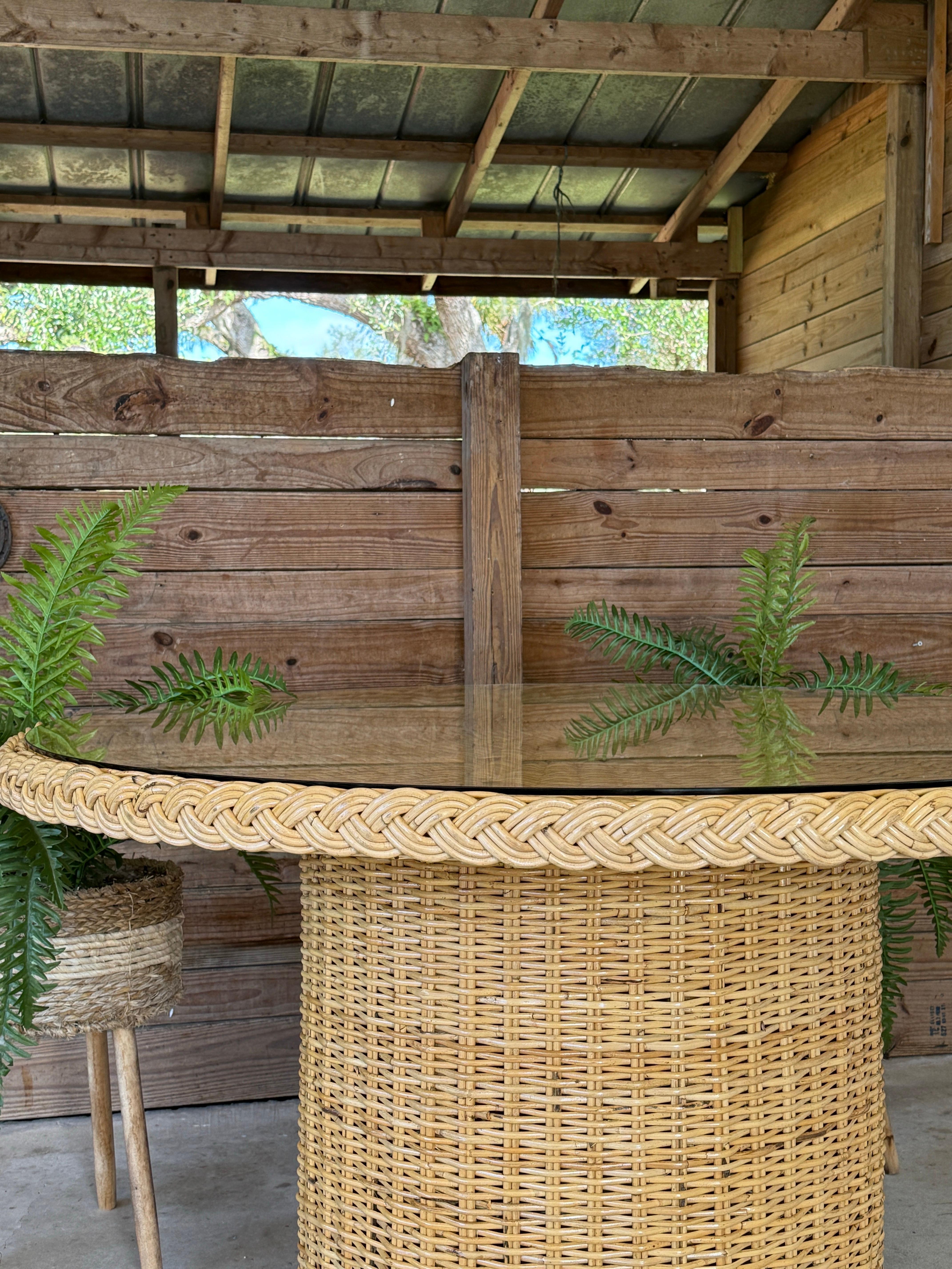 Organic Modern Coastal Rattan Braid Dining Table by Wicker Works For Sale 8