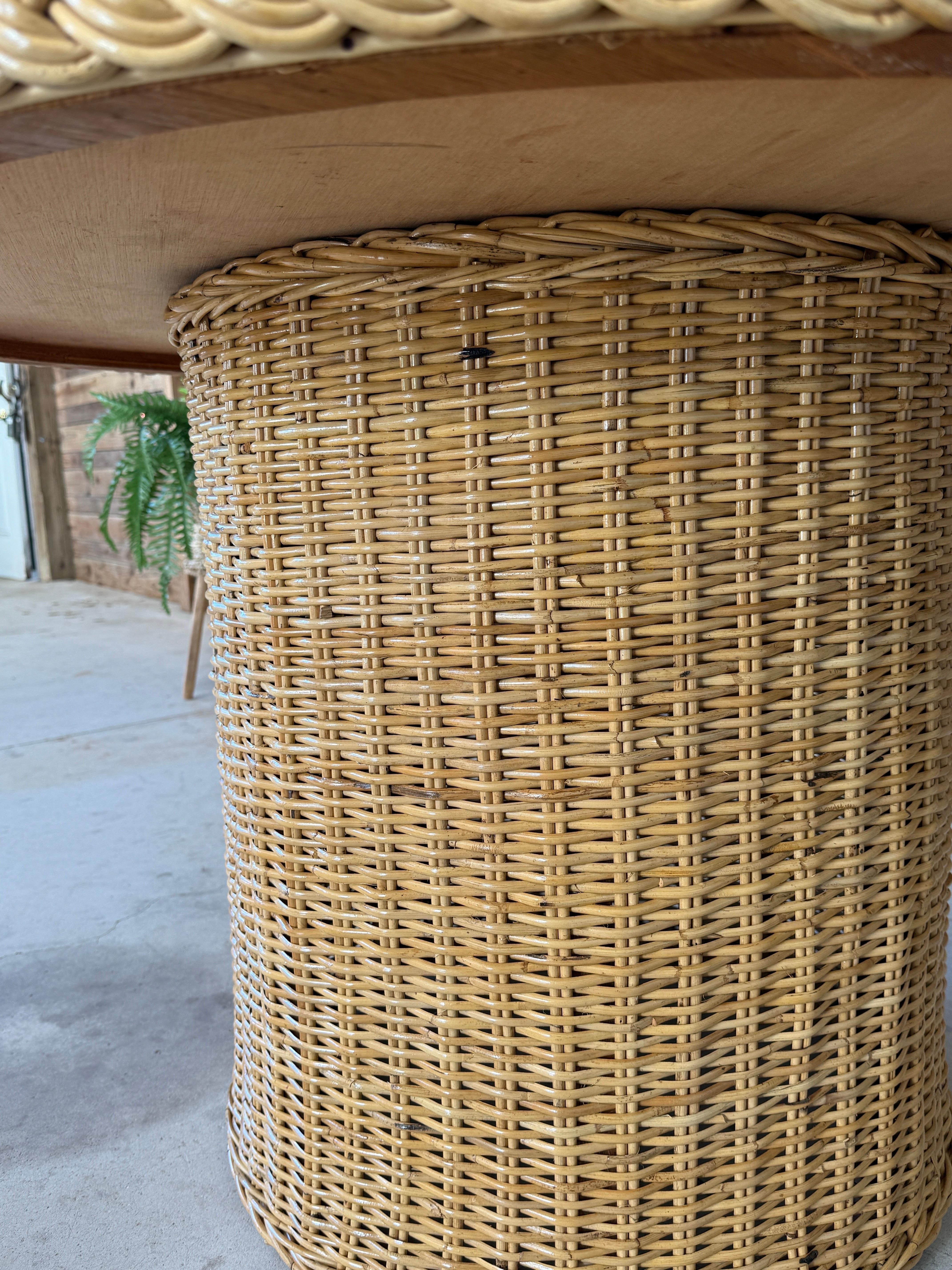 Late 20th Century Organic Modern Coastal Rattan Braid Dining Table by Wicker Works For Sale