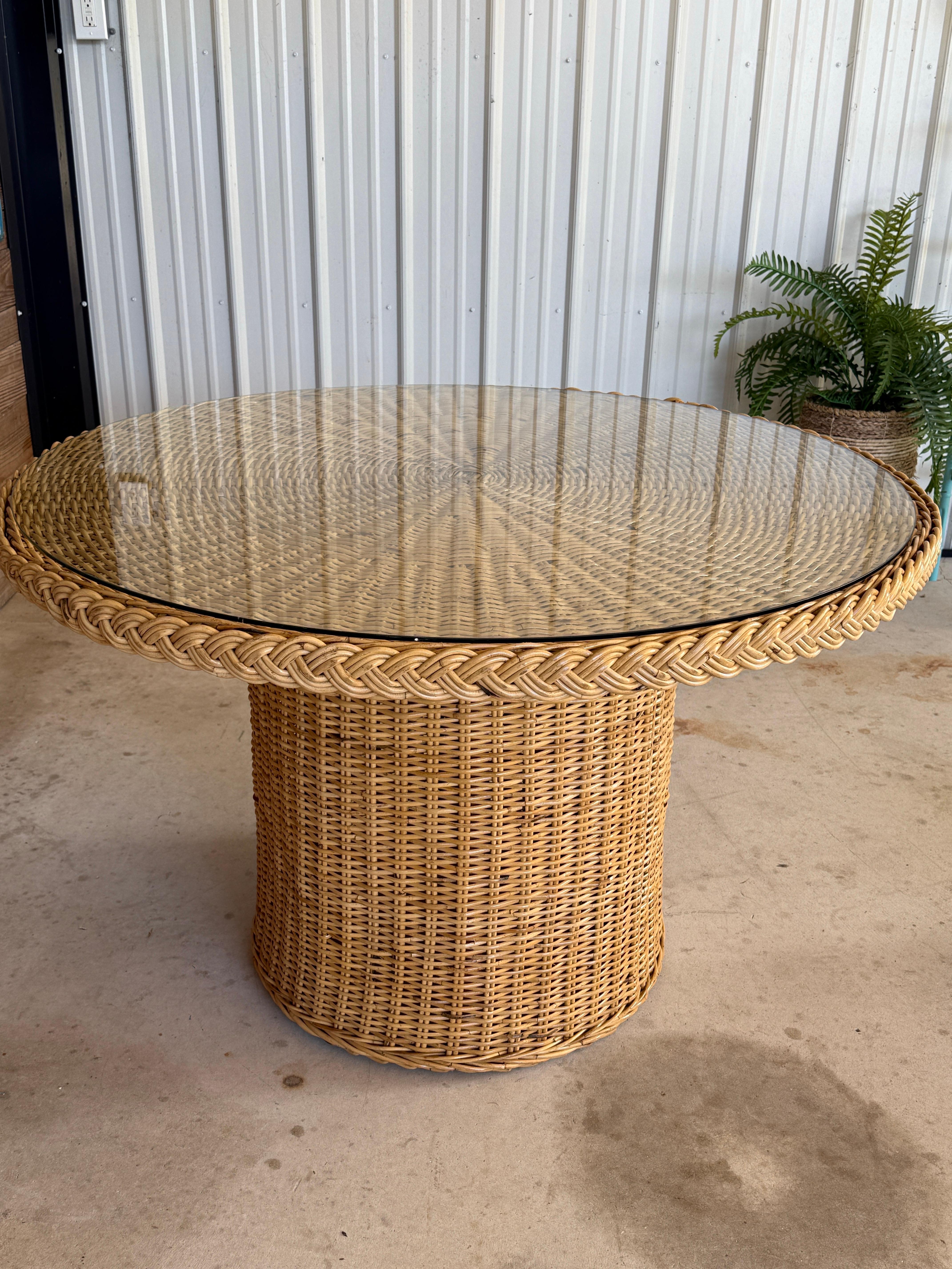 Organic Modern Coastal Rattan Braid Dining Table by Wicker Works For Sale 2