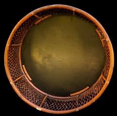 Organic Modern Coastal Round Hammered Brass & Rattan Coffee Table