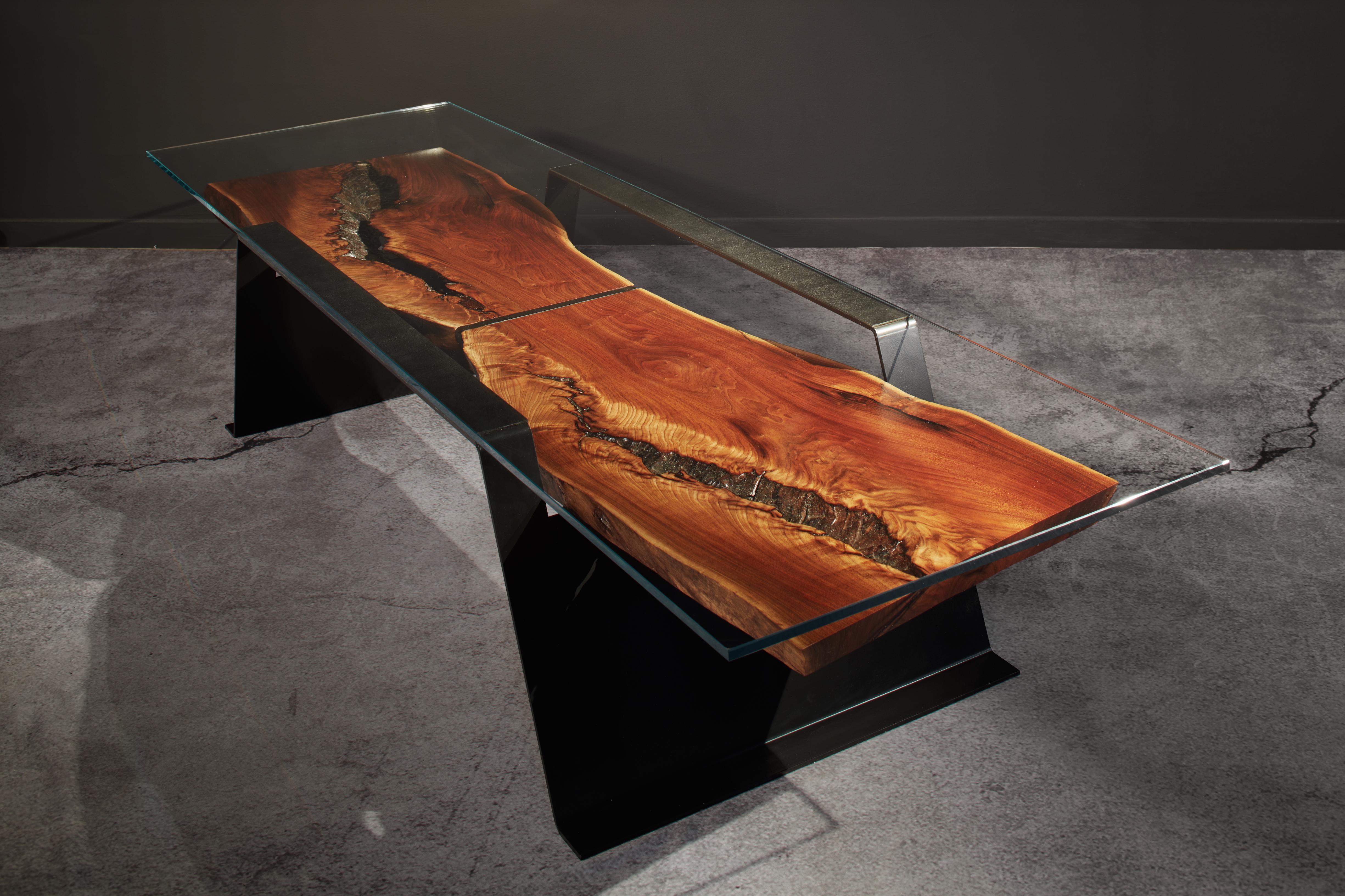 Dragonfly cocktail/coffee table is an award-winning design by artist and architectural designer Michael Olshefski of Primal Modern. Inspired by the graceful tapered stance of a dragonfly at rest, this exquisite Wabi-Sabi minimalist modern table