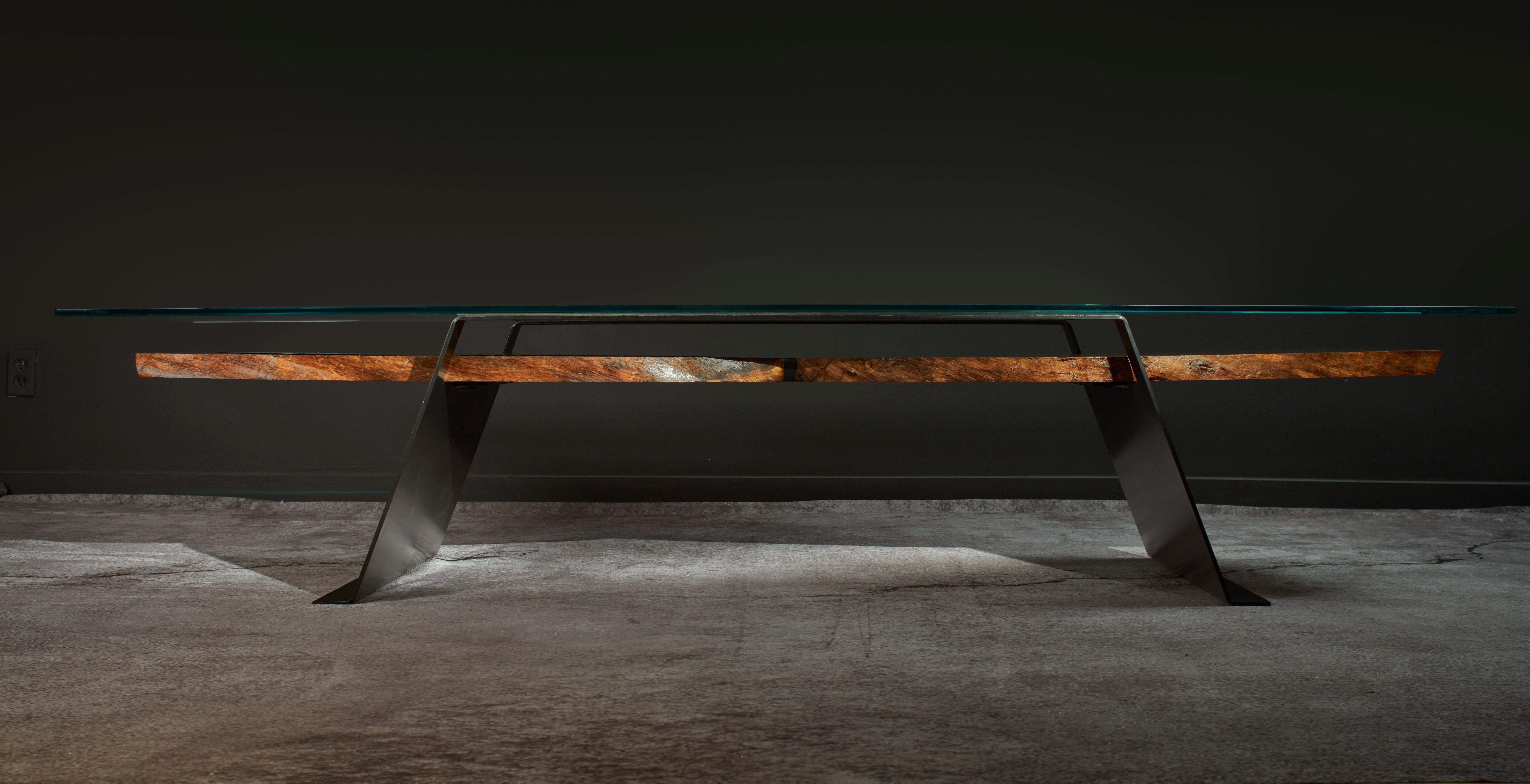 Chamfered Organic Modern Cocktail Table with Figured Black Walnut, Steel, Glass: Dragonfly For Sale