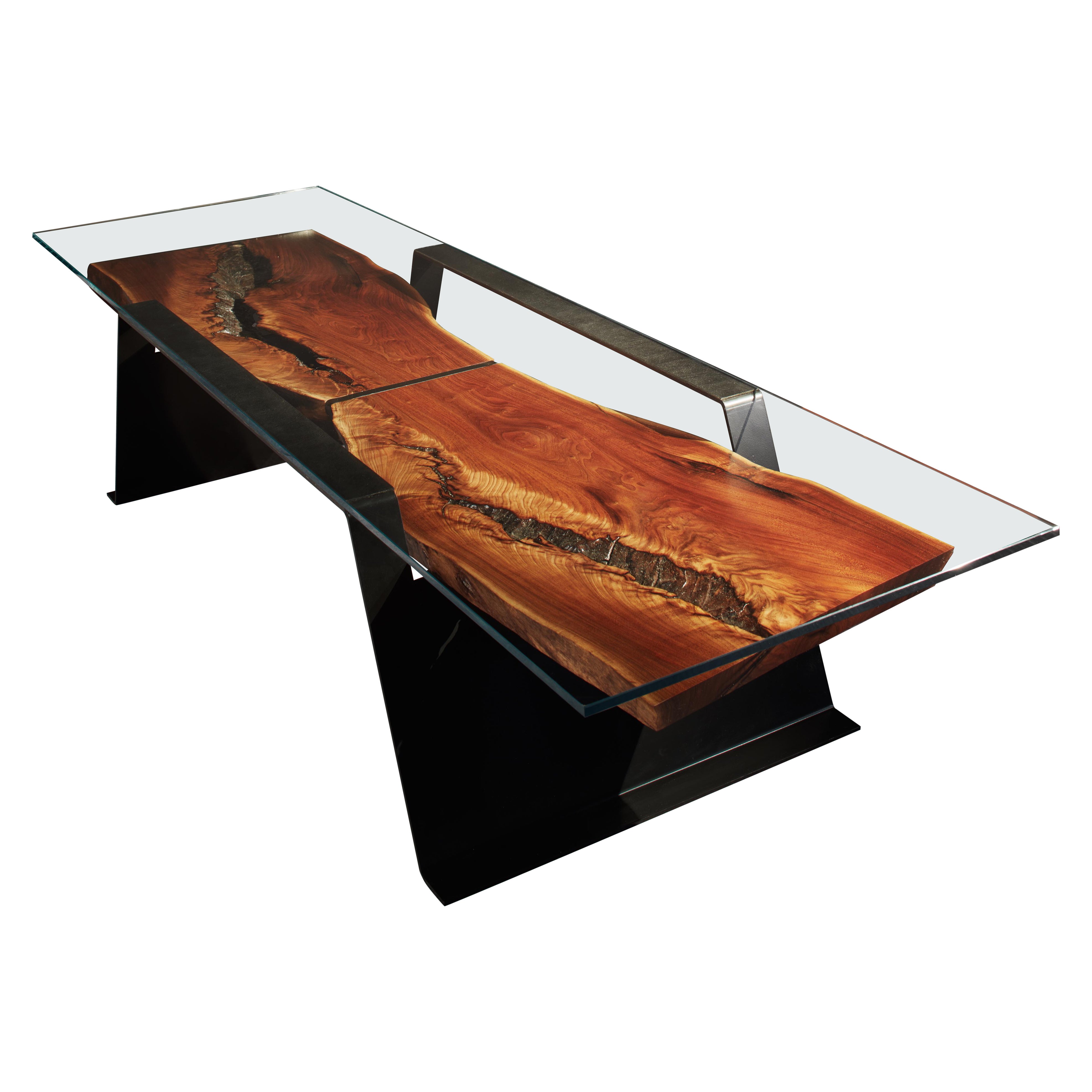 Organic Modern Cocktail Table with Figured Black Walnut, Steel, Glass: Dragonfly