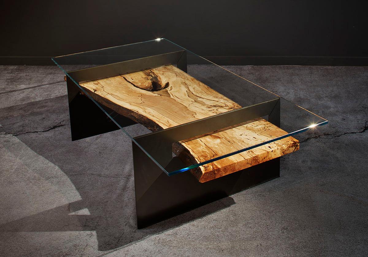 Subduction cocktail table is conceived, designed and created by award-winning artist and architectural designer Michael Olshefski of Primal Modern. Inspired by Earth's geological plate tectonics, this gorgeous highly figured Spalted Maple cocktail