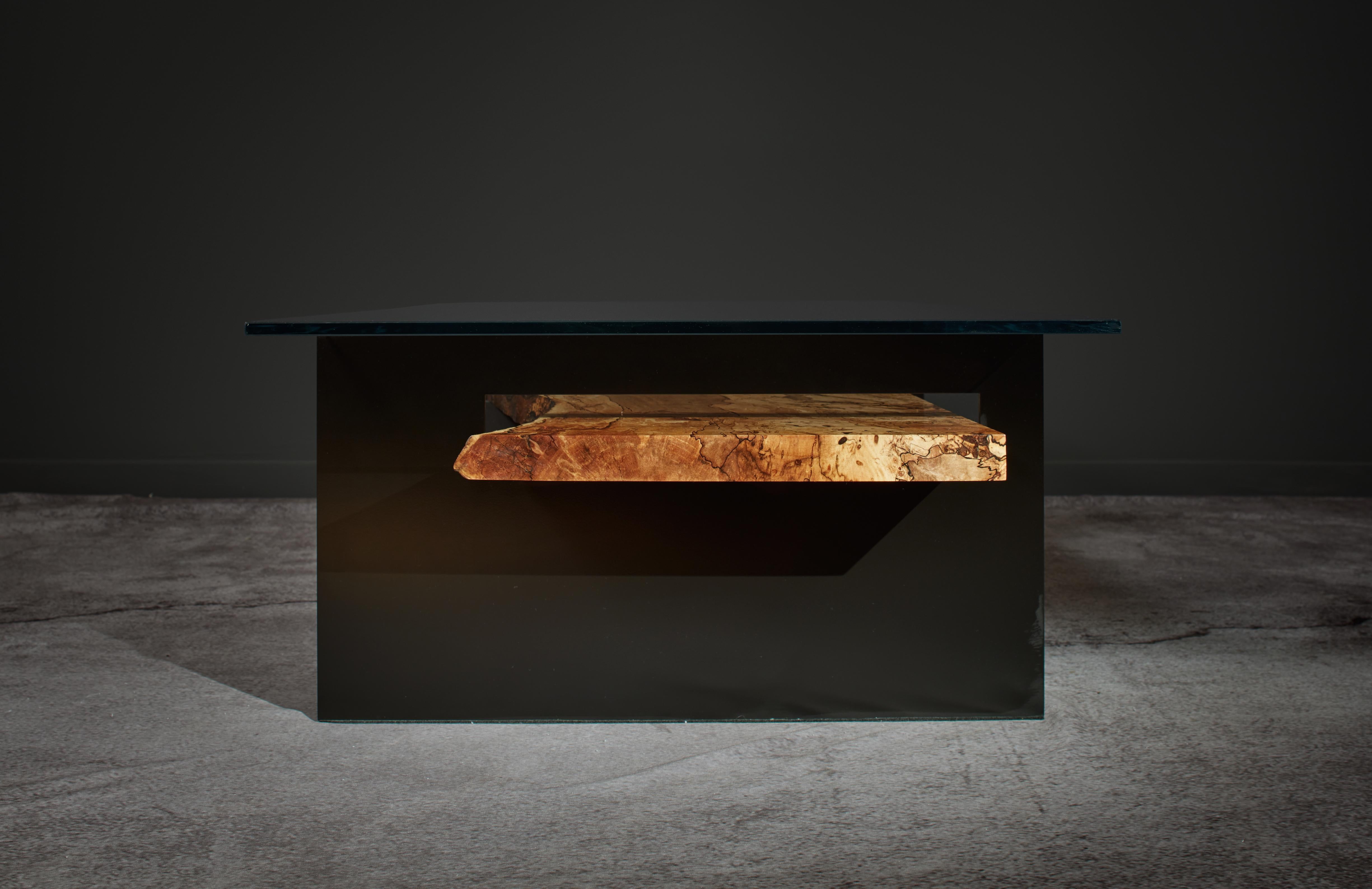 Organic Modern Cocktail Table with Spalted Maple, Aluminum & Glass: Subduction In New Condition For Sale In Los Angeles, CA