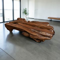 Table basse moderne organique, bois dur massif, design sculptural