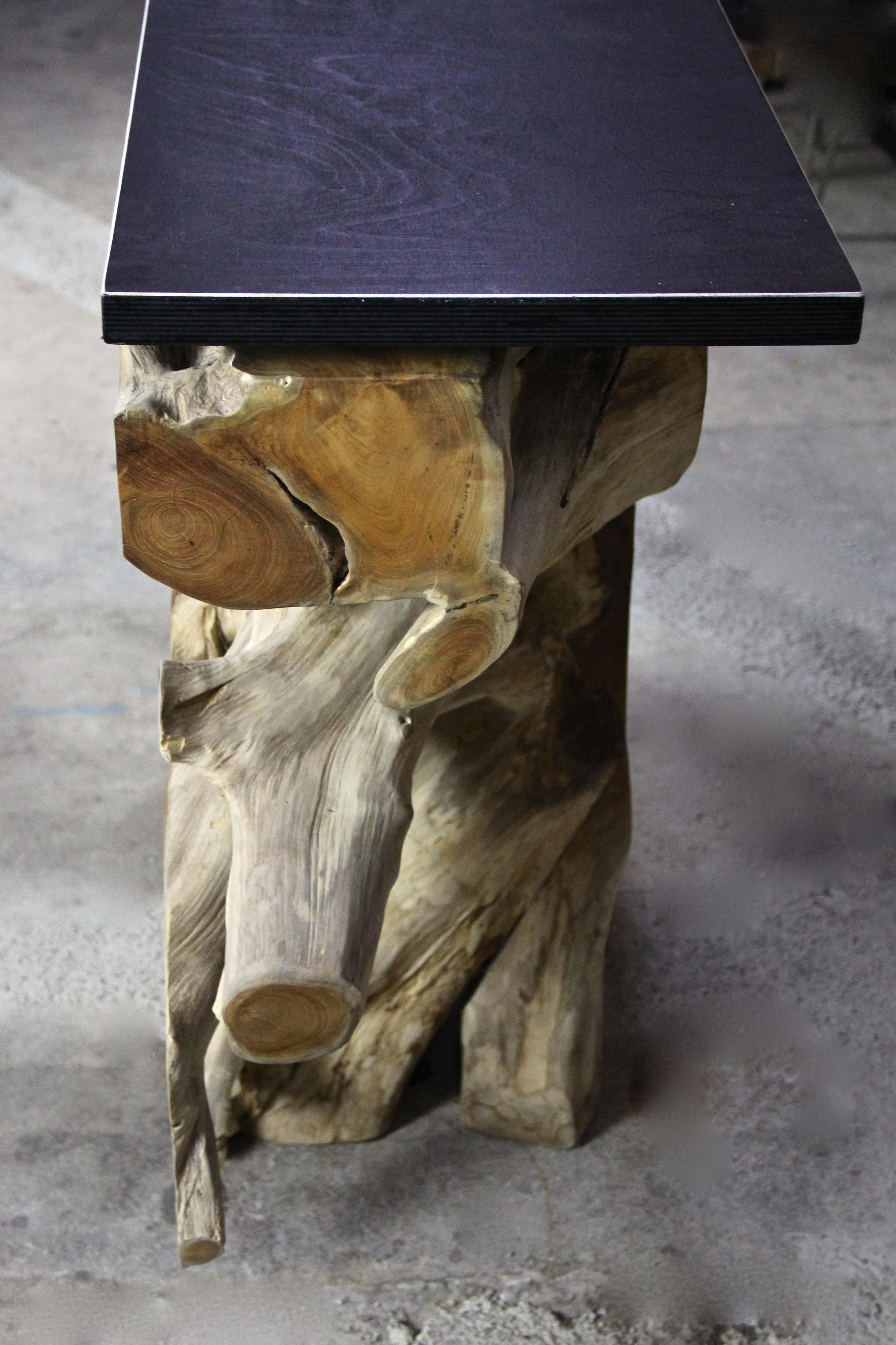 Contemporary Organic Modern Console Table or Bar Counter, Teak Root with Black Wood