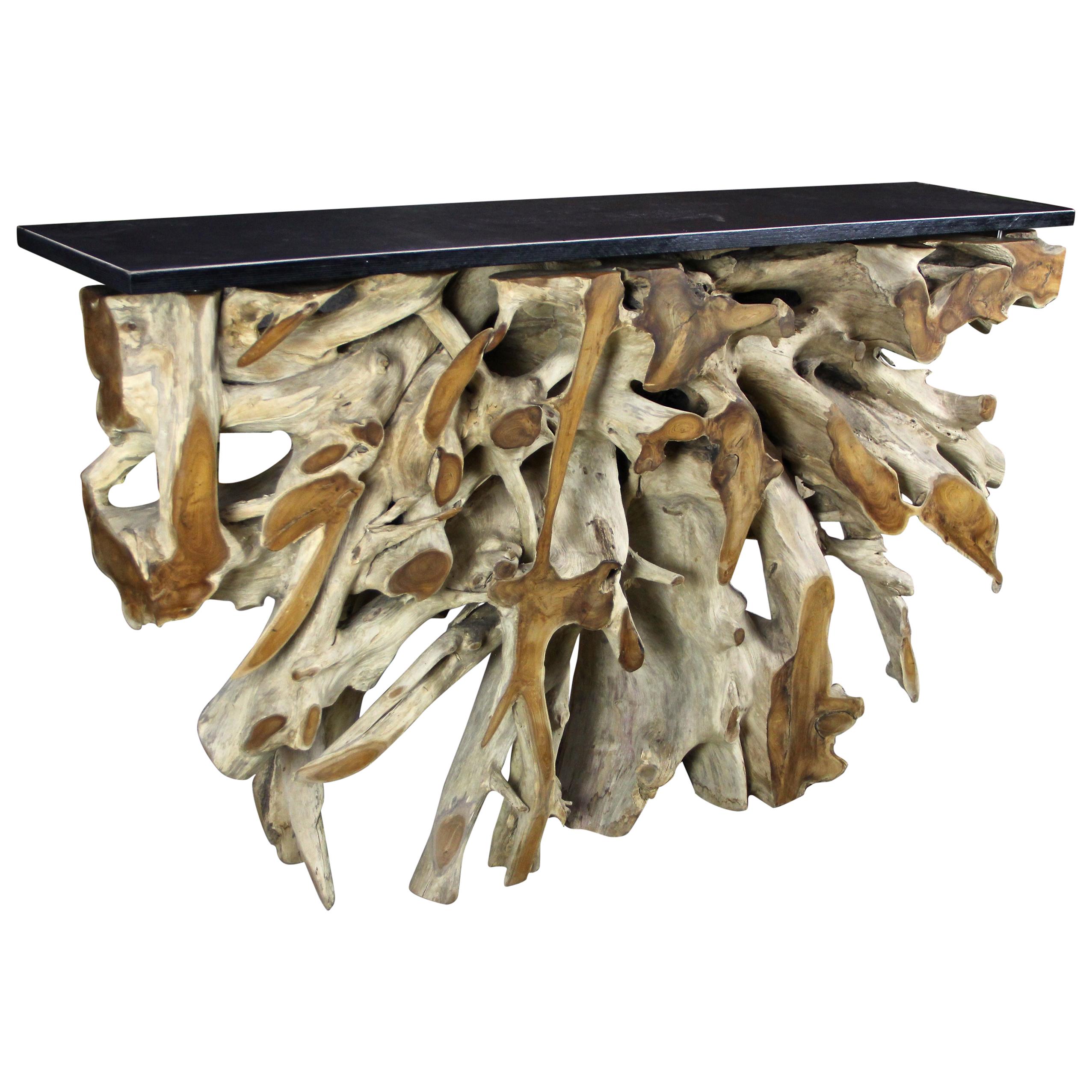 Organic Modern Console Table or Bar Counter, Teak Root with Black Wood