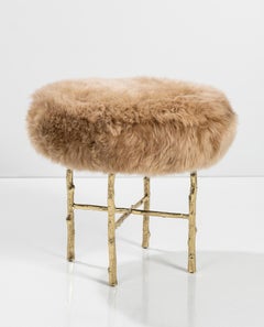 Organic Modern Country Stool in Polished Brass Cast and Natural Camel Lamb Fur