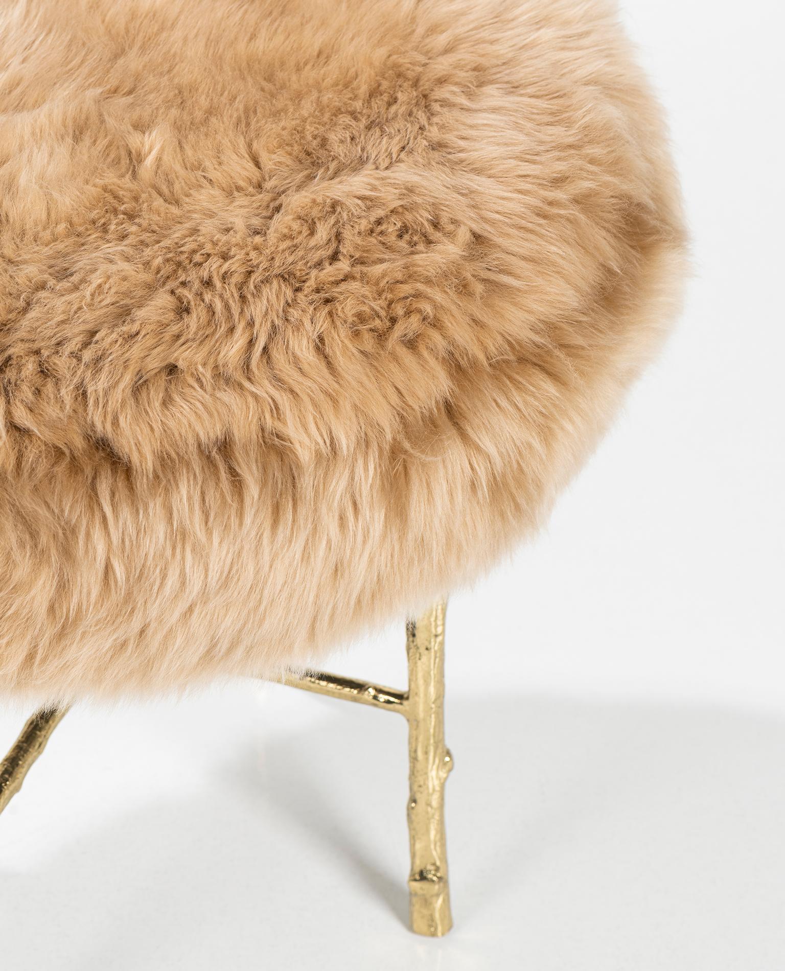 Portuguese Organic Modern Country Stool in Polished Brass Cast and Natural Camel Lamb Fur For Sale