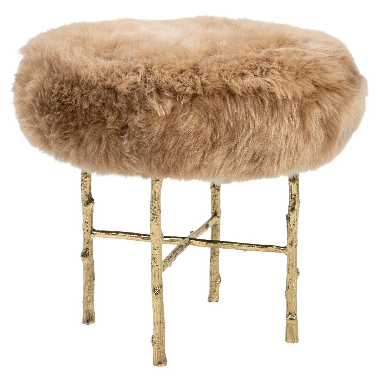 Organic Modern Country Stool in Polished Brass Cast and Natural Camel Lamb Fur For Sale