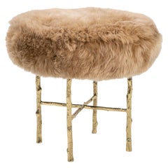 Organic Modern Country Stool in Polished Brass Cast and Natural Camel Lamb Fur