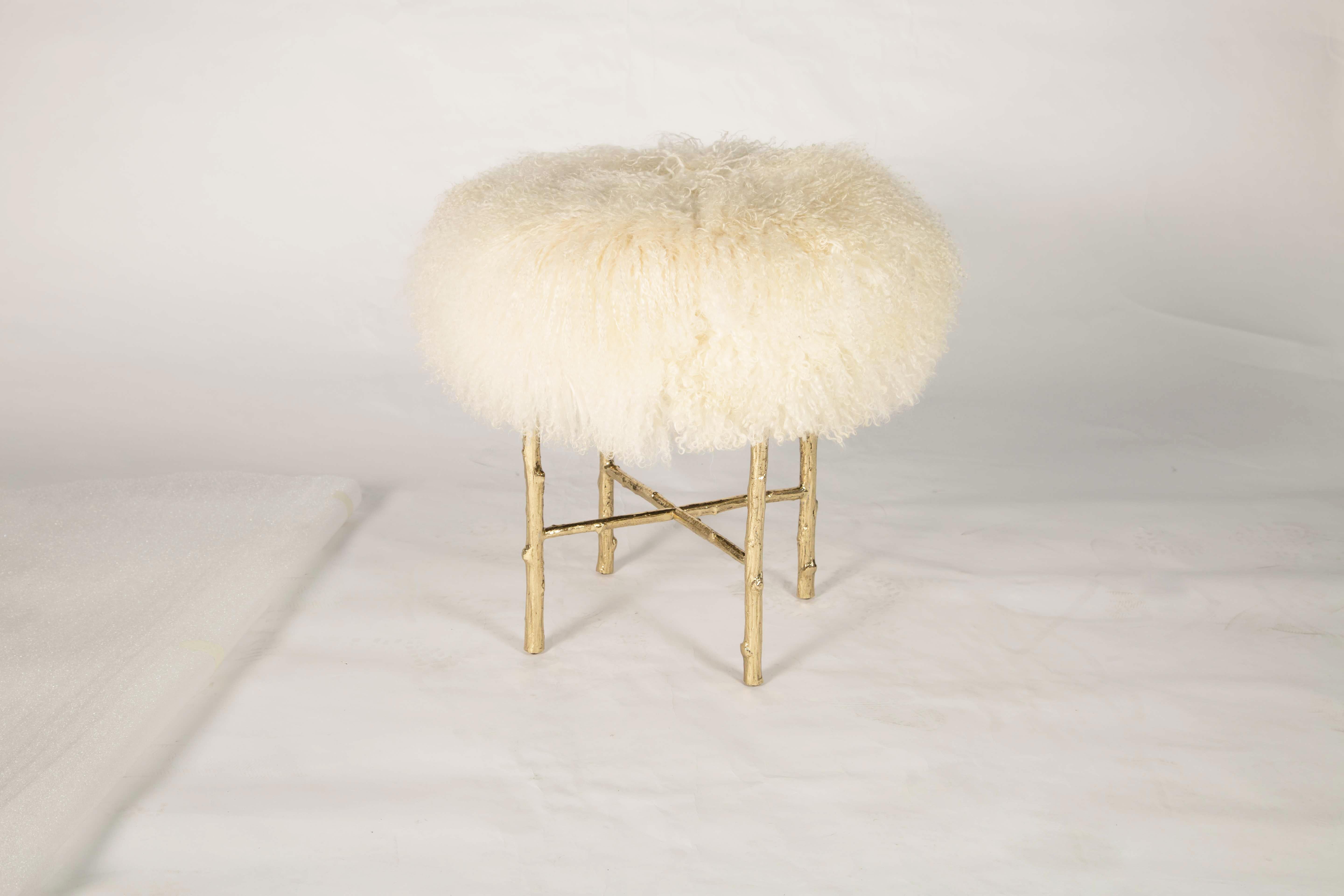Portuguese Organic Modern Country Stool in Polished Brass Cast, Inspired by Nature For Sale